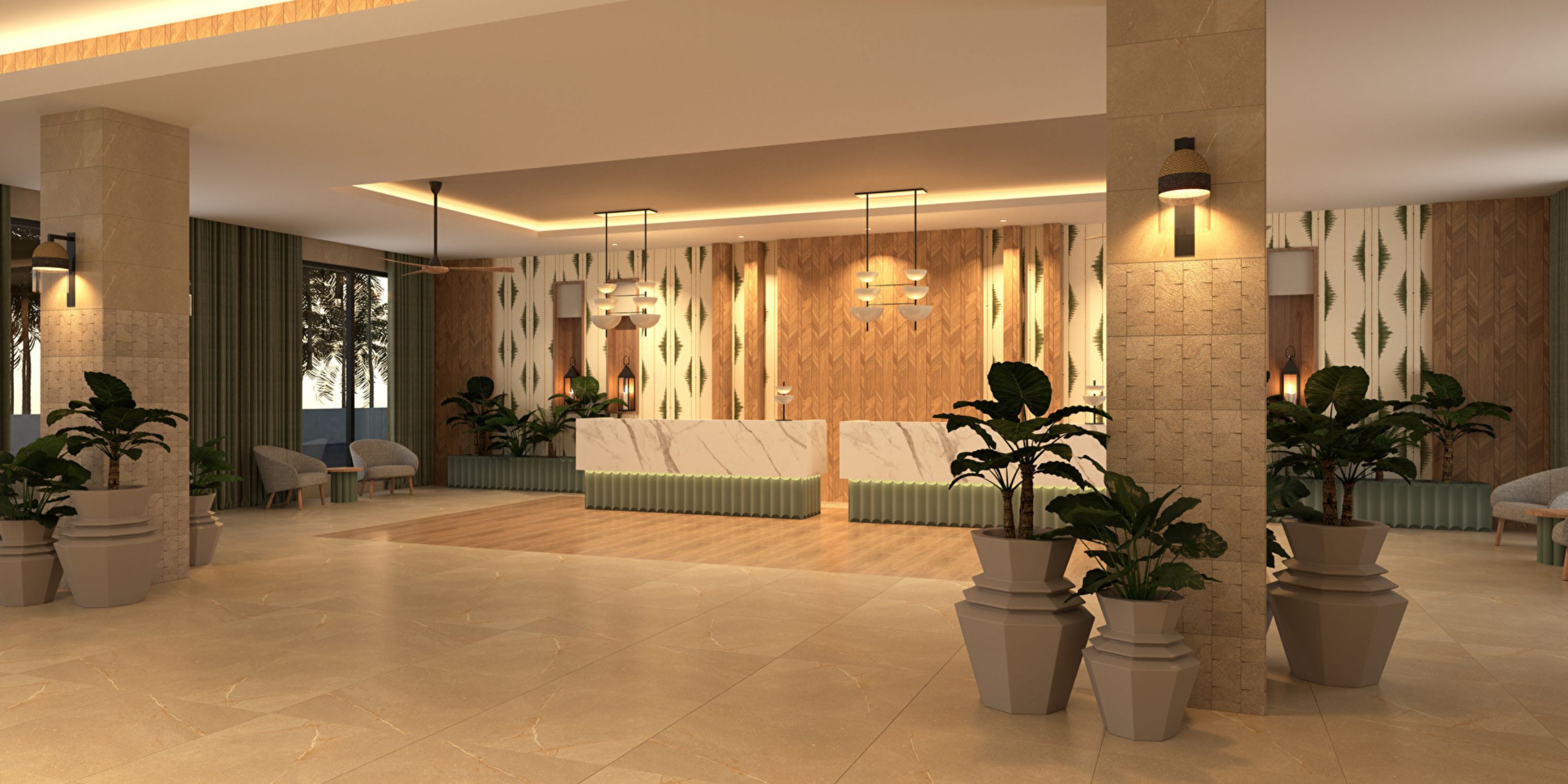 Hotel Riu Jalisco lobby, ideal for a destination wedding, with potted plants, marble desks, and wood accents.