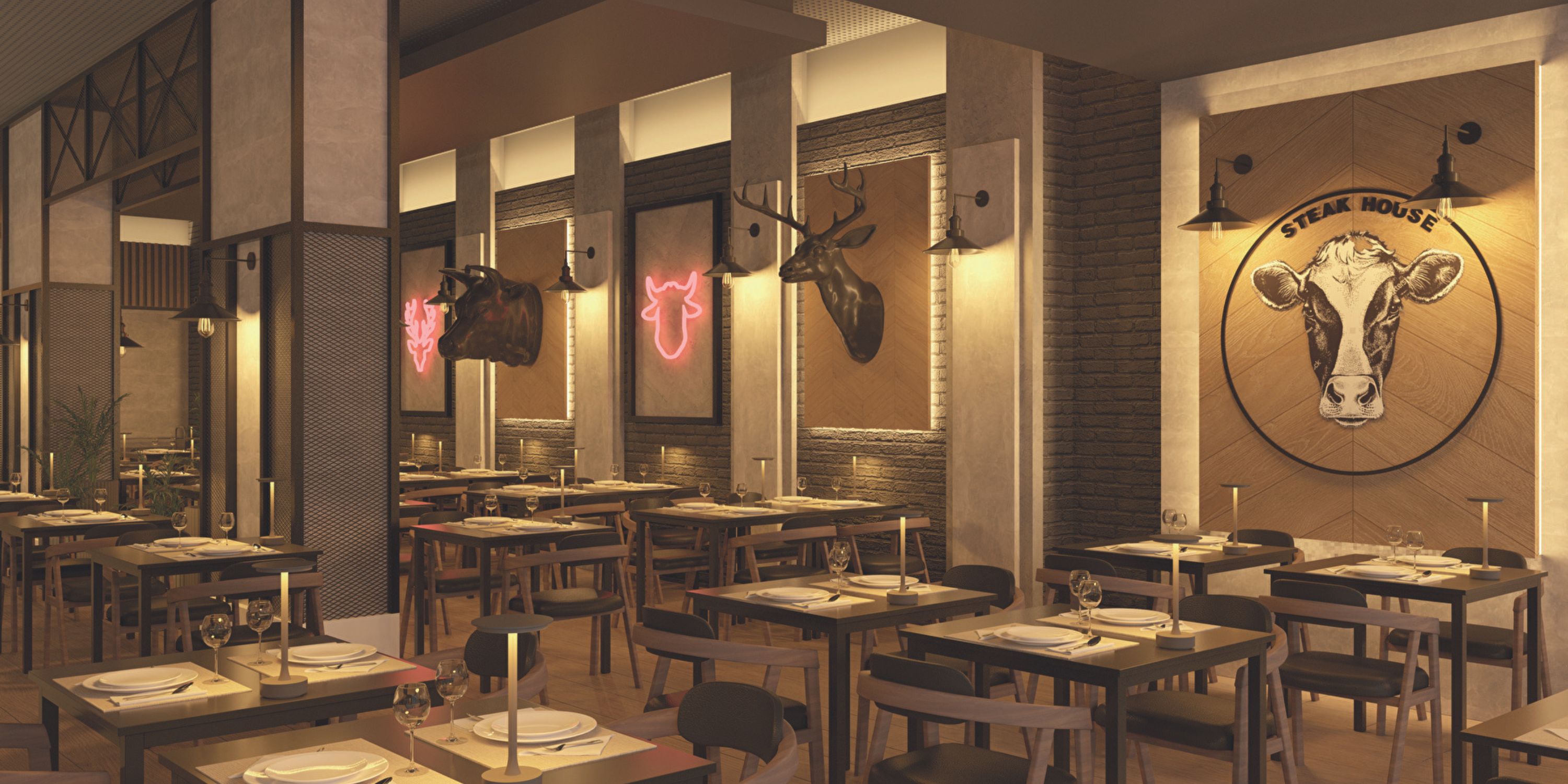 Hotel Riu Jalisco restaurant set for a destination wedding, with animal head decor and elegant tables.