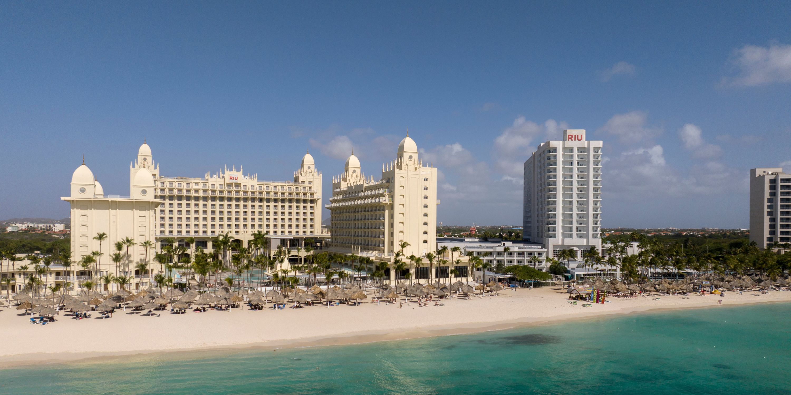 Hotel Riu Palace Aruba: ideal destination wedding spot with palms by turquoise water under blue sky.