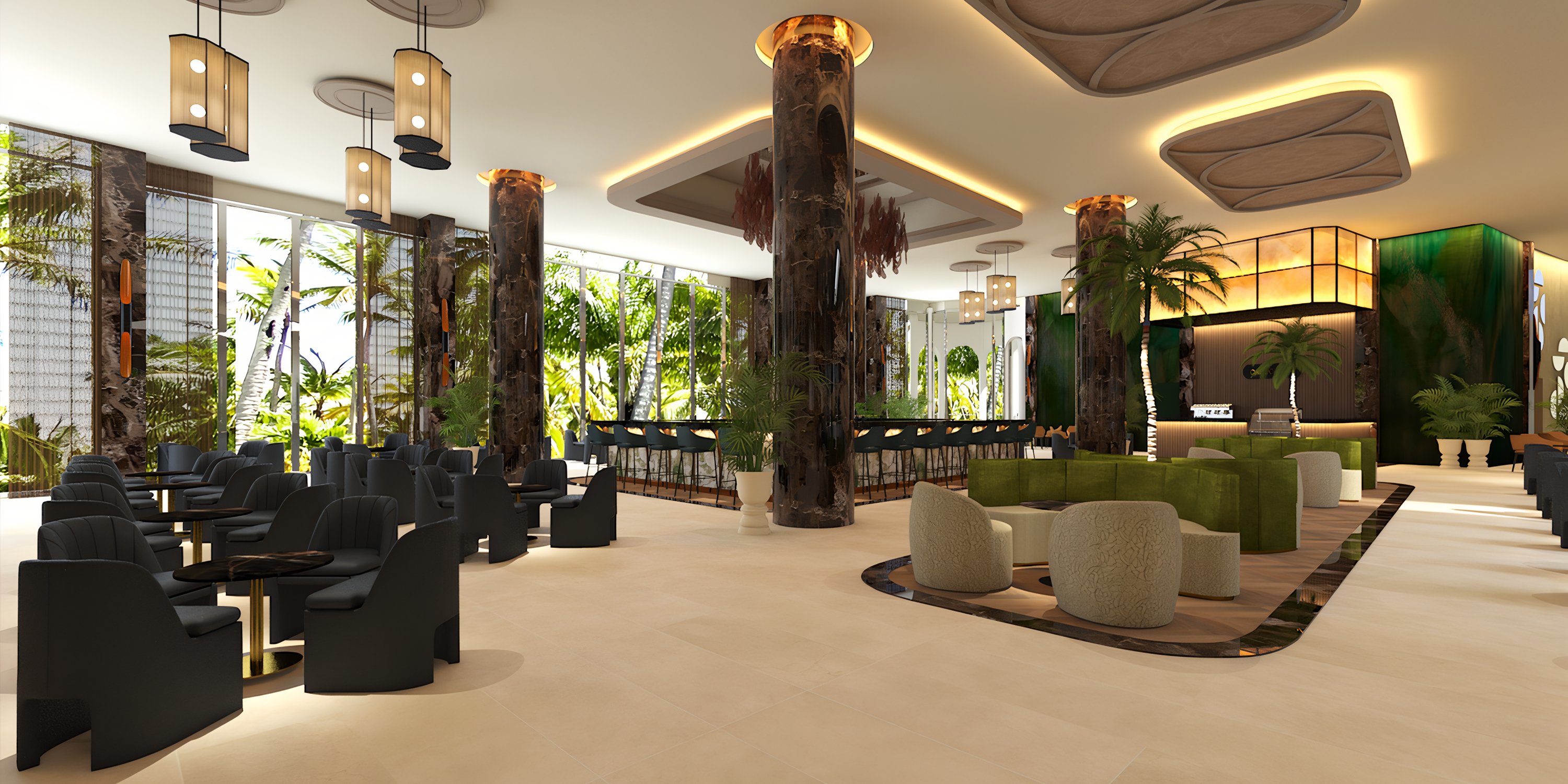 Hotel Riu Palace Costa Rica: chic wedding lobby with dark chairs, green sofas, plants, and bar.