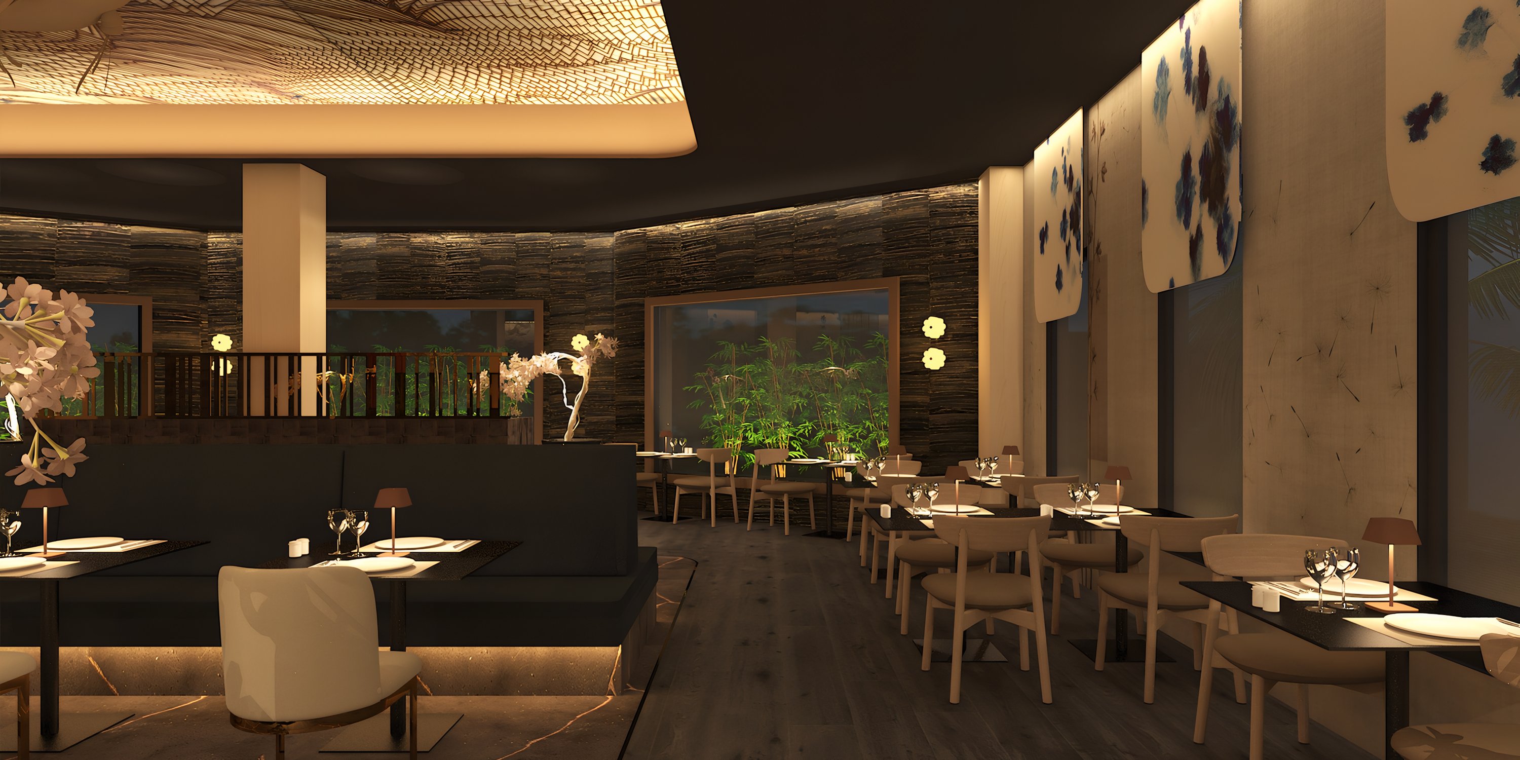 Hotel Riu Palace Costa Rica: elegant restaurant with wedding decor and romantic nighttime views.