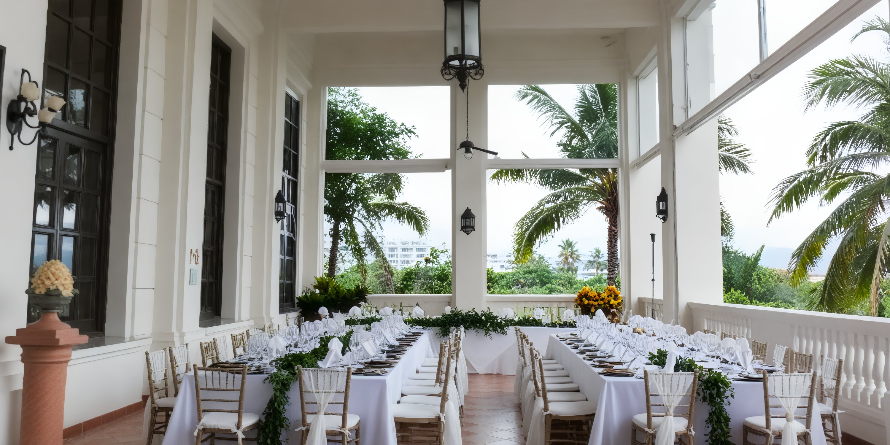 Experience unforgettable outdoor dining at the Hotel Riu Palace Pacifico, where two long tables adorned with elegant linens and chairs await you on a picturesque patio. This exquisite setting is perfect for a destination wedding celebration.