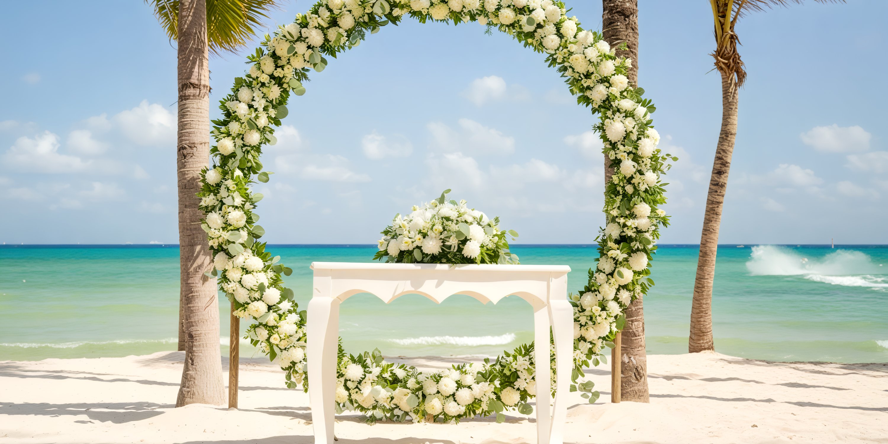 Elegant white floral wedding arch and beautifully decorated table set up for a destination wedding at Hotel Riu Palace Riviera Maya, overlooking the breathtaking beach and ocean views.