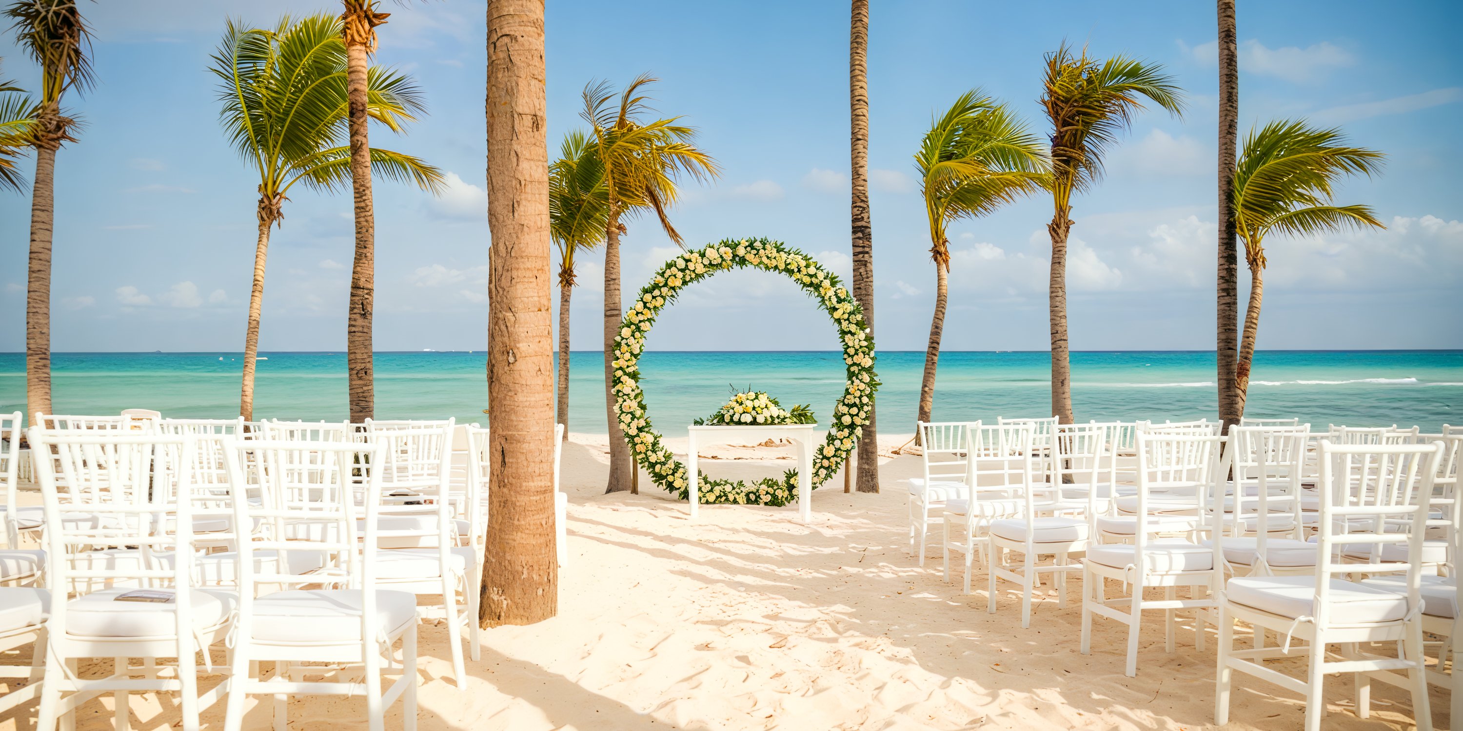 White chairs and a beautiful floral arch arranged for a destination wedding on the beach at Hotel Riu Palace Riviera Maya.