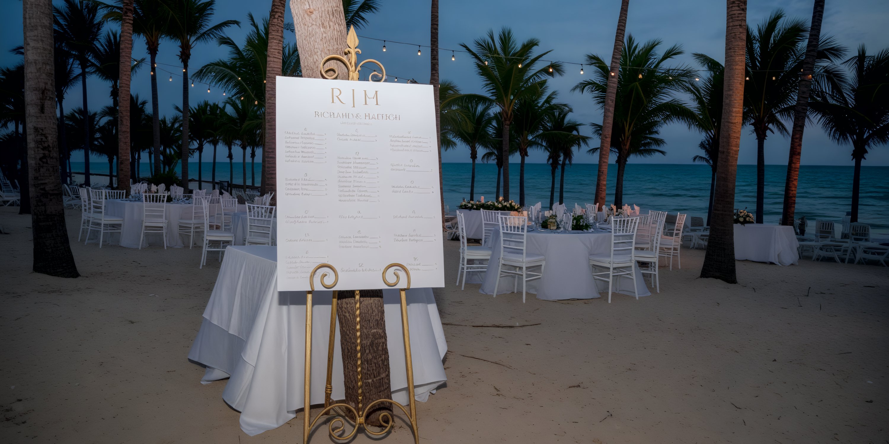 A wedding seating chart is displayed on the beach at Hotel Riu Palace Riviera Maya, set against a backdrop of palm trees—a perfect touch for a destination wedding.