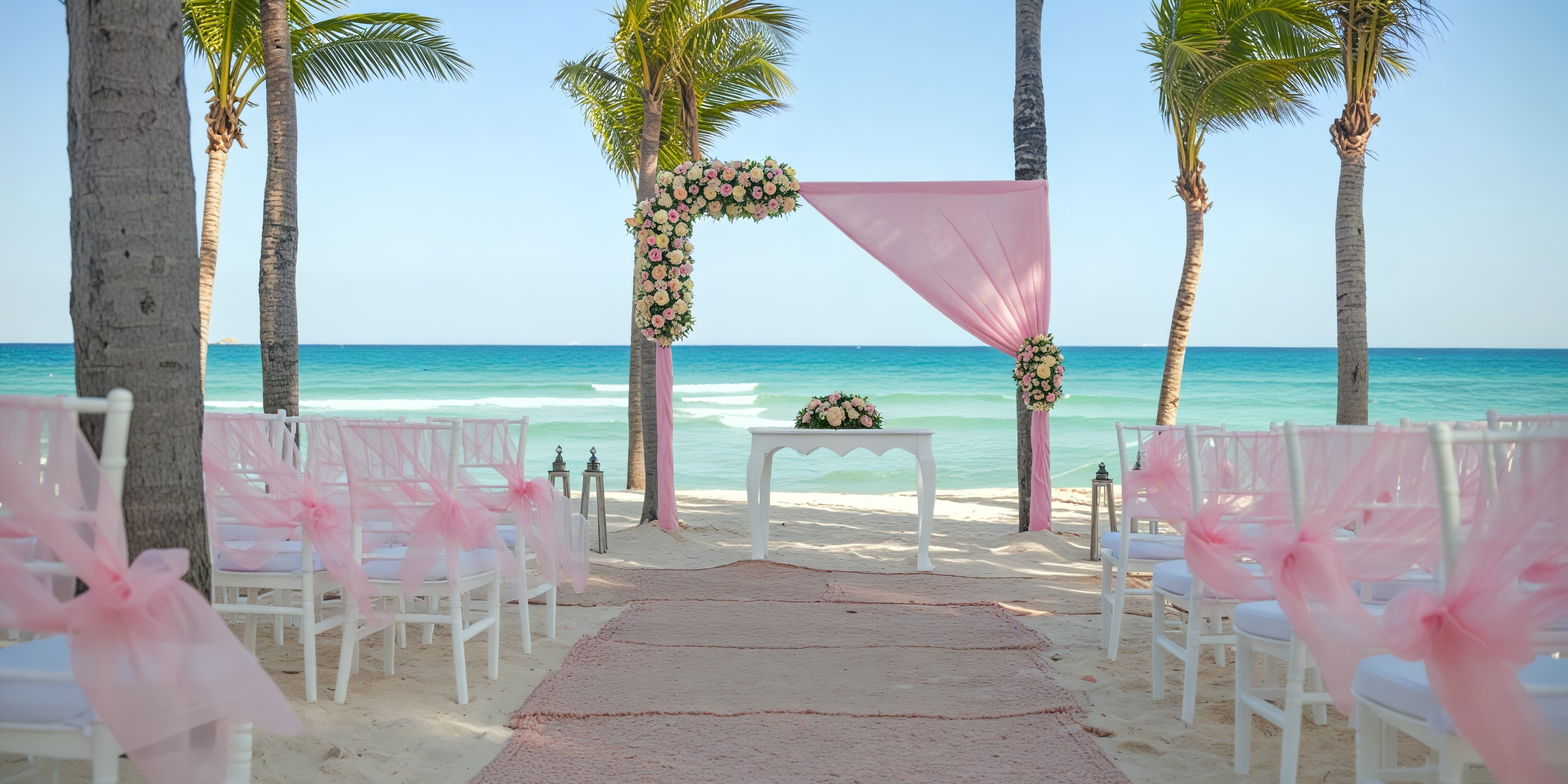 A stunning destination wedding at Hotel Riu Palace Riviera Maya, featuring elegant pink decor, white chairs, and a beautiful floral arch on the beach.