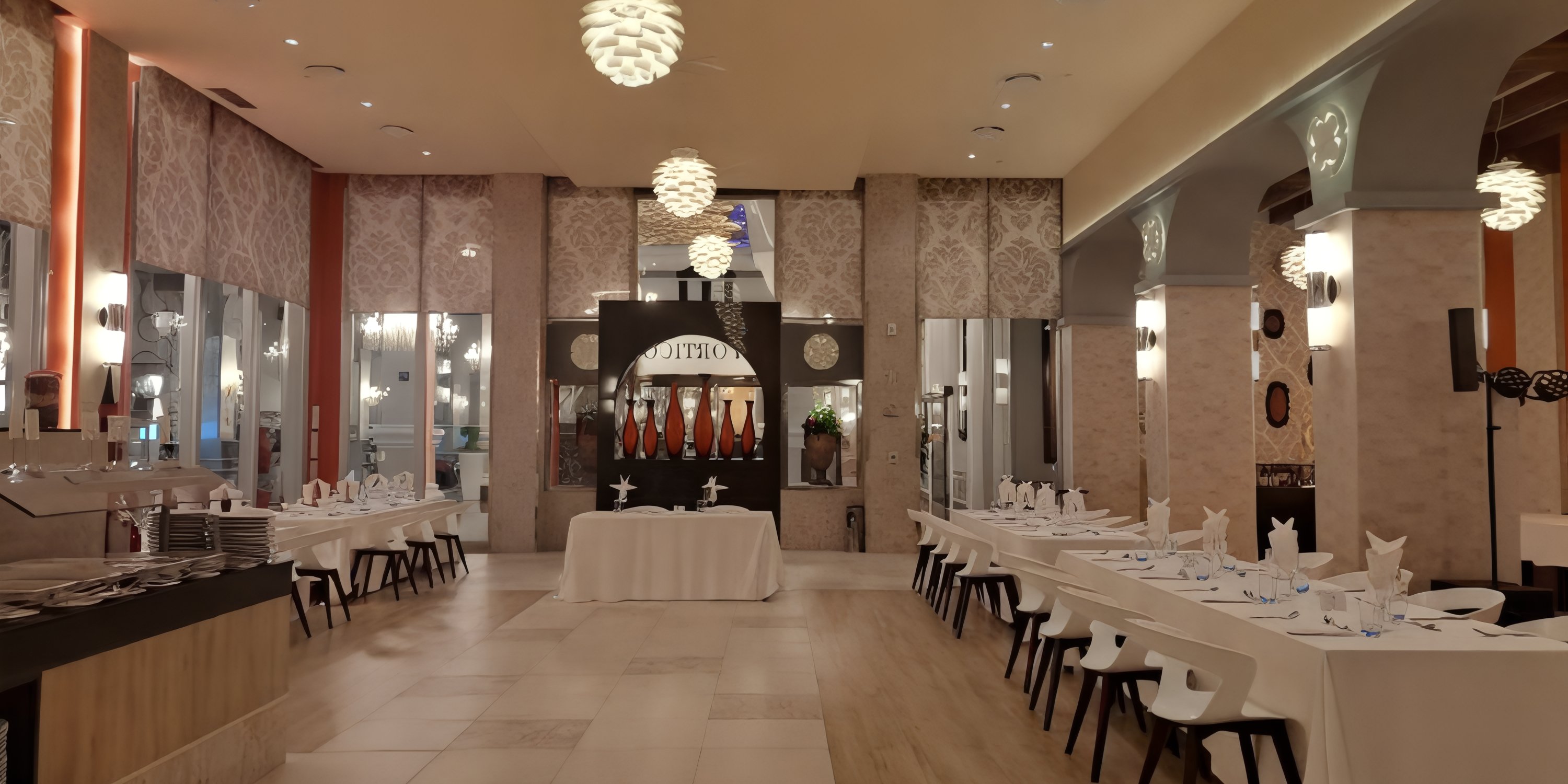 Elegant dining room at Hotel Riu Palace Riviera Maya set for a destination wedding, with white décor.
