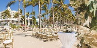 Gold chairs and floral arrangements ready for a destination wedding at Hotel Riu Vallarta under palm trees.
