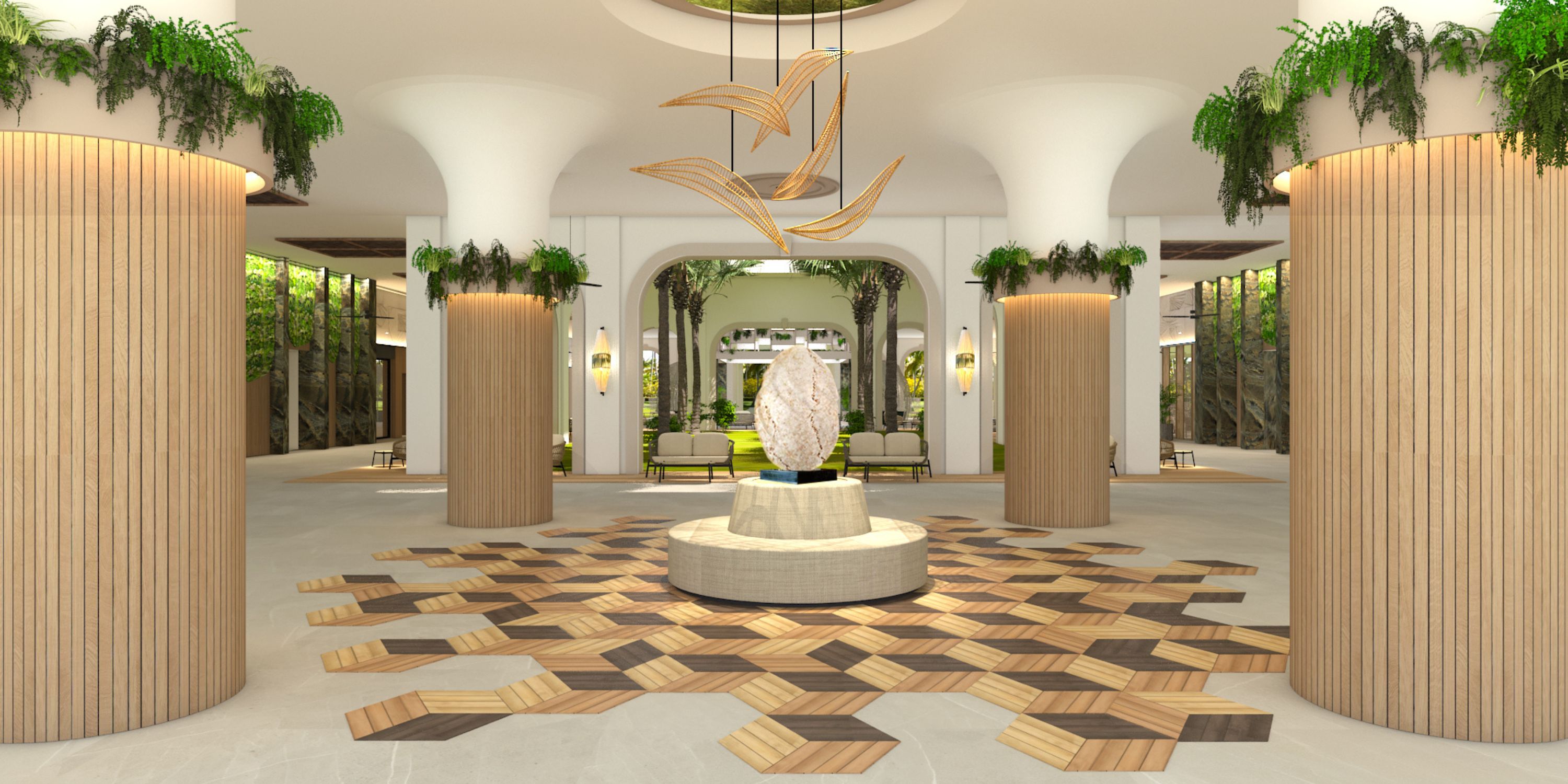 The Hotel Riu Guanacaste lobby, an elegant setting for a destination wedding, features striking wooden columns, a geometric floor, artistic sculptures, and lush greenery.