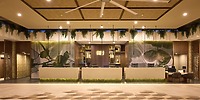 Hotel Riu Guanacaste lobby, perfect for a destination wedding, with four desks and hanging plants.