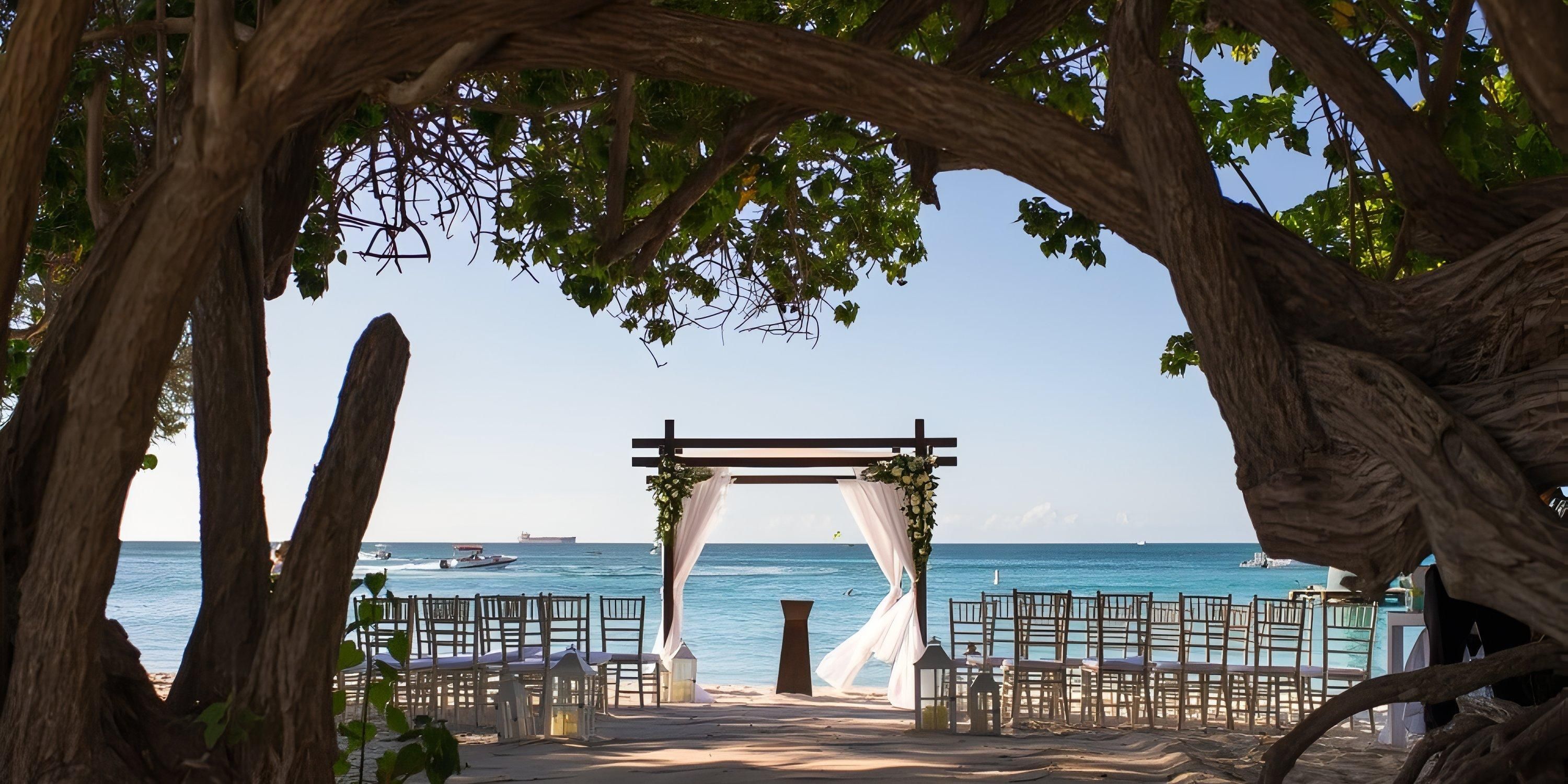 Destination wedding setup at Hotel Riu Palace Antillas, framed by trees and overlooking the ocean.
