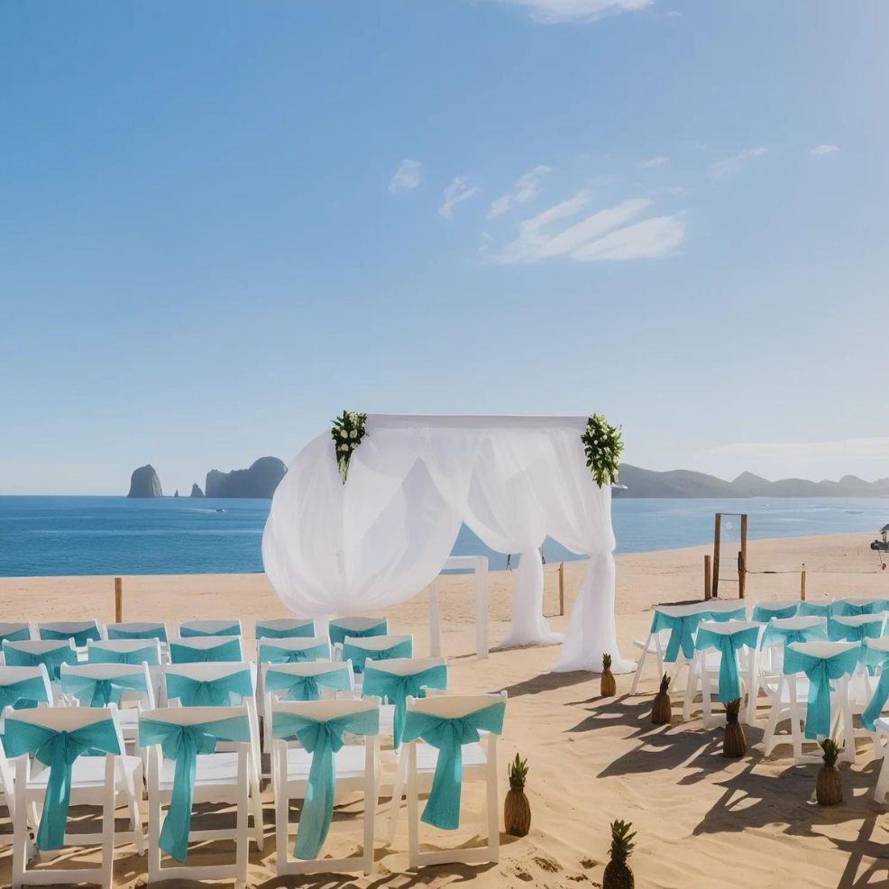 A beachfront wedding setup with white chairs adorned with teal sashes and a white-draped canopy, overlooking the ocean on a sunny day. Pineapple decorations are placed along the aisle.