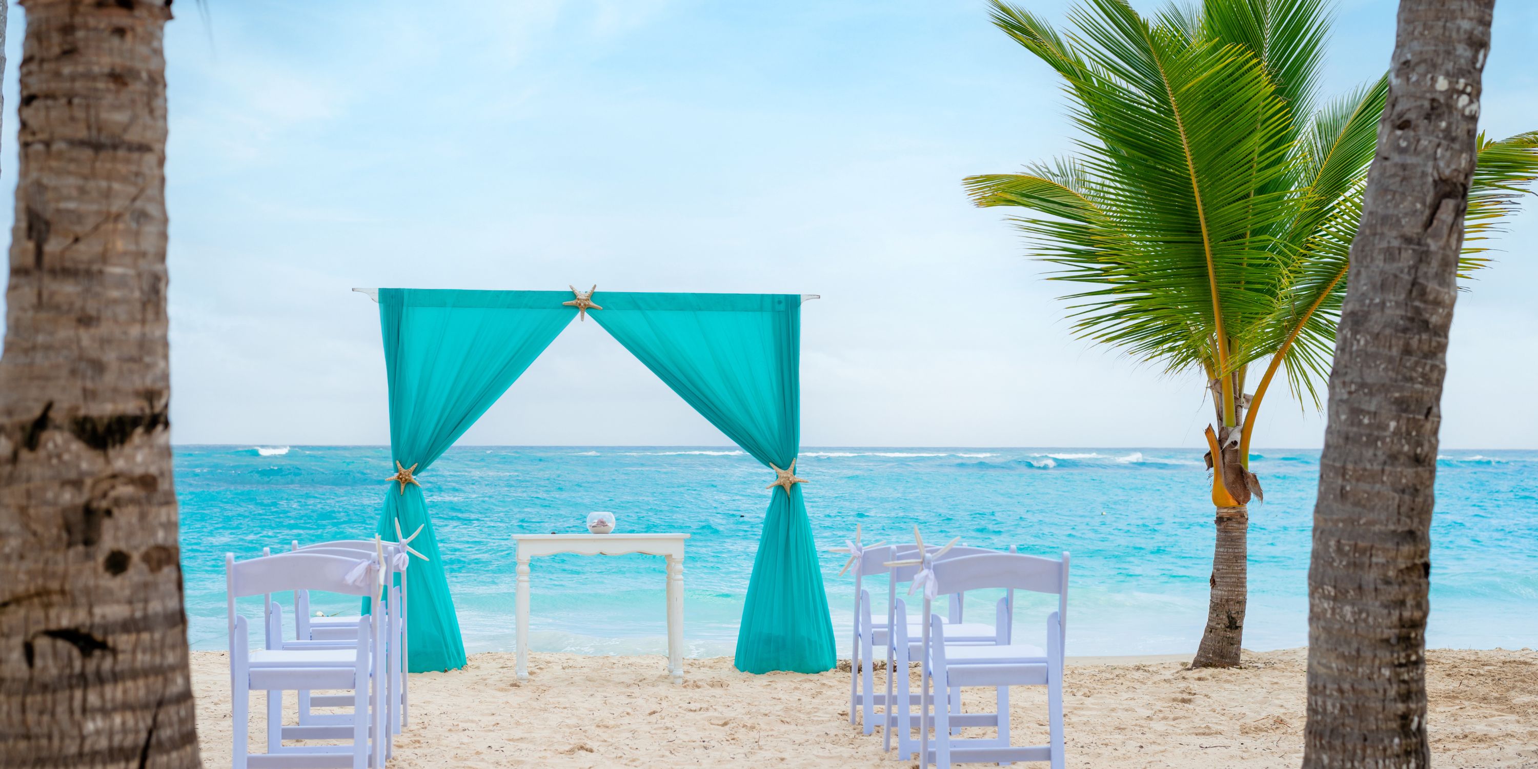 Destination wedding scene on the beach with turquoise drapes, white chairs, and a palm tree by the sea.