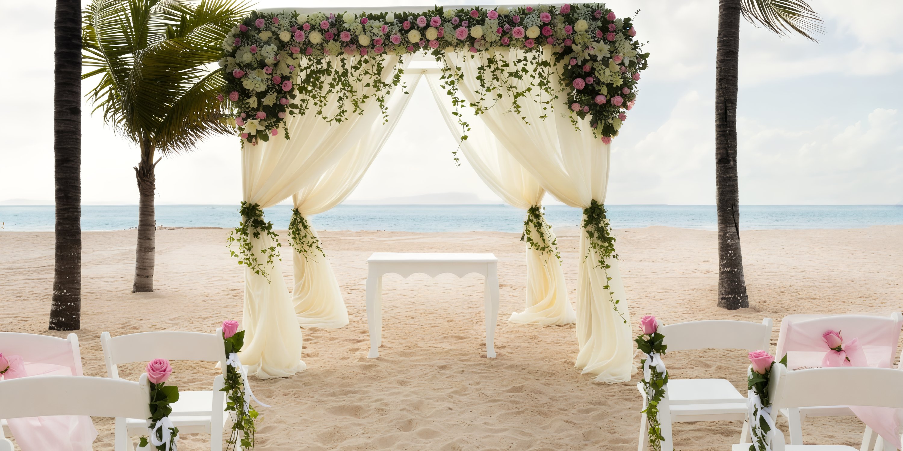 A beautifully adorned wedding altar featuring flowers and draped fabric at the Hotel Riu Palace Riviera Maya, perfect for your destination wedding.