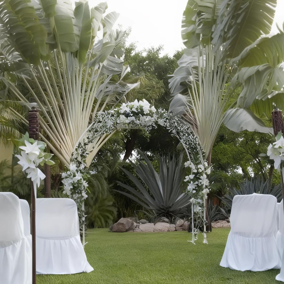 Outdoor wedding ceremony setup with a white arch decorated with flowers, white chairs covered with white fabric, and greenery in the background.