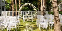 Destination wedding setup at Hotel Riu Yucatan with white chairs, a floral arch, and scattered petals.