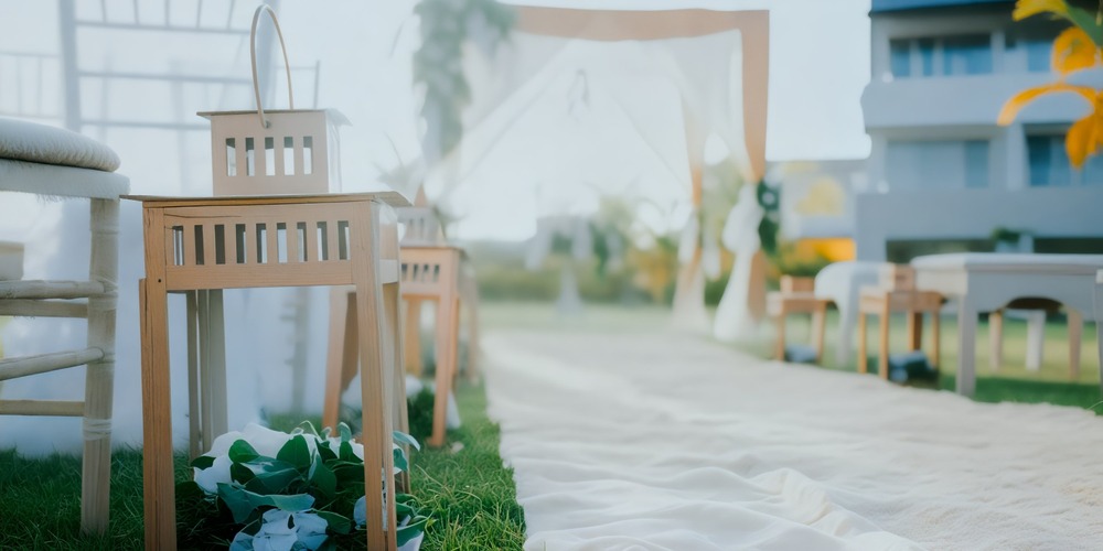 A picturesque destination wedding aisle at Royalton CHIC Punta Cana, adorned with elegant wooden lanterns and crisp white decor.