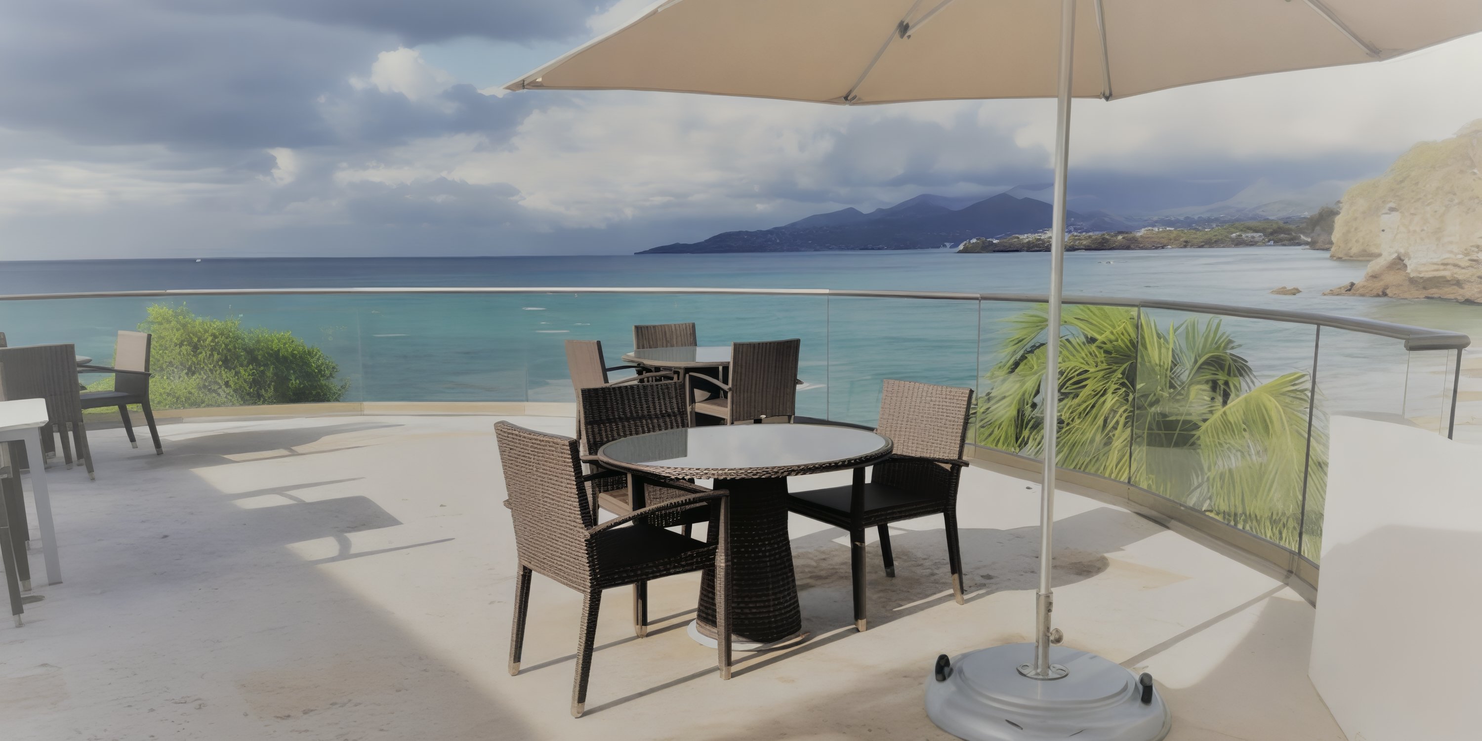 Outdoor patio at Royalton Grenada set for a destination wedding, with tables, umbrellas, ocean and mountain views.
