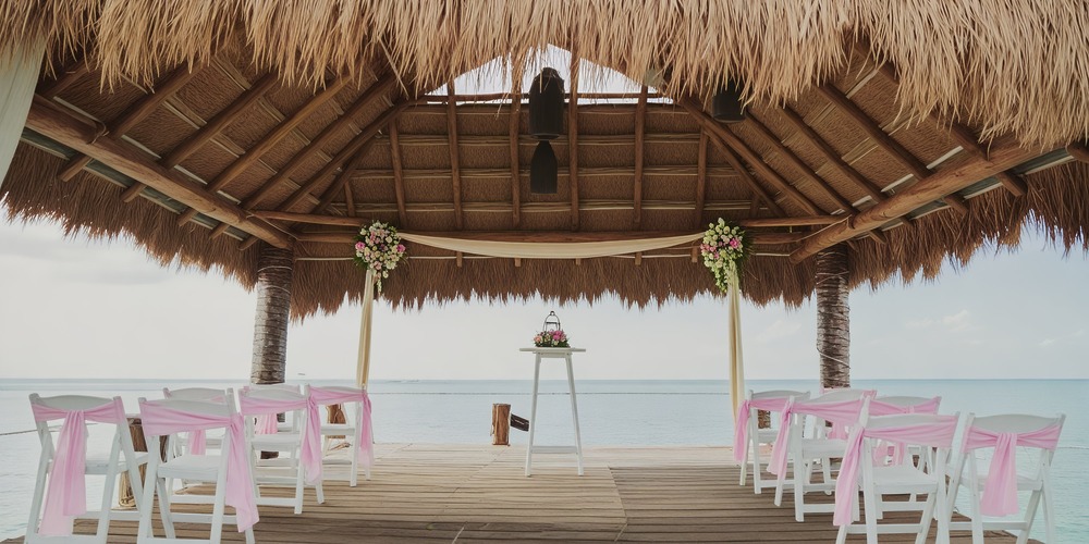 A wedding altar by the beach at Secrets Aura Cozumel, featuring a thatched roof and chairs adorned with pink decorations, makes for an enchanting destination wedding setting.
