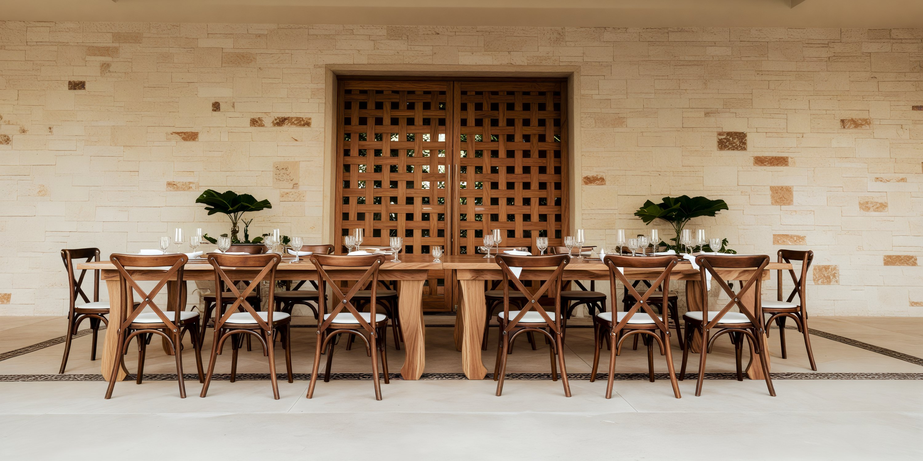 Secrets Akumal's dining set, complete with elegant chairs and tableware, is beautifully arranged against a stone wall, making it the perfect setting for an intimate destination wedding reception.