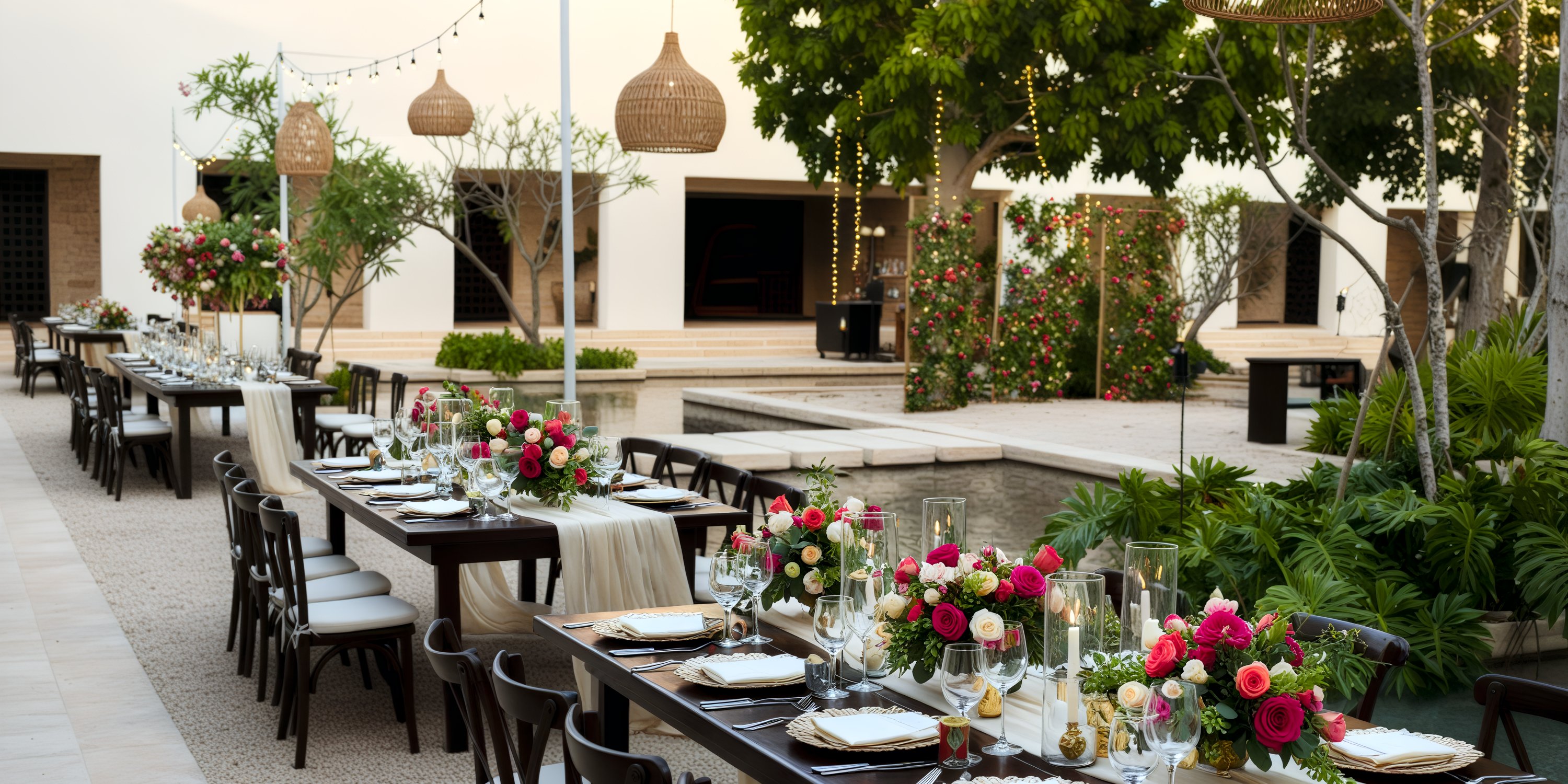 The outdoor dining area by the pool at Secrets Akumal, perfect for a destination wedding, boasts long tables, chairs, and floral decor.