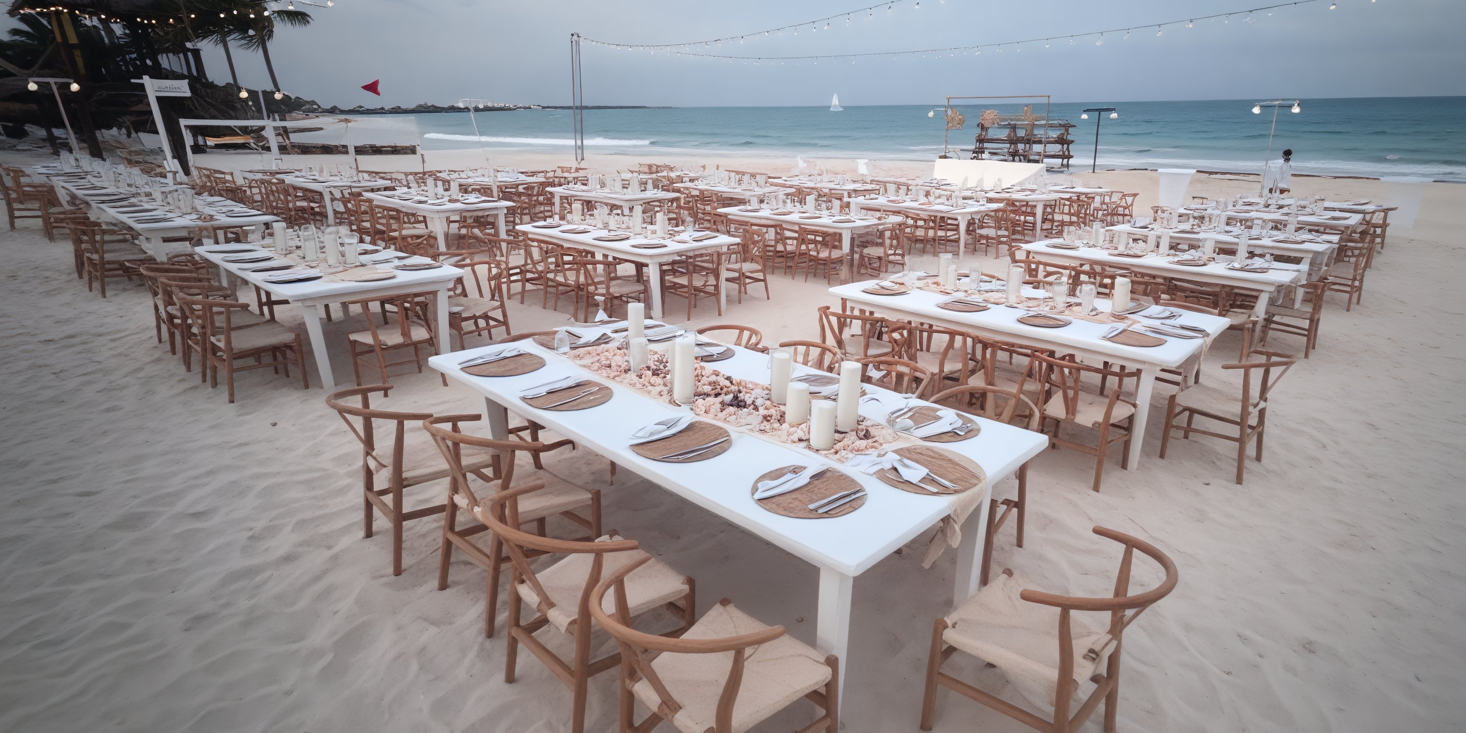 Dining tables and chairs arranged on beach sand at Secrets Maroma Beach for a destination wedding.