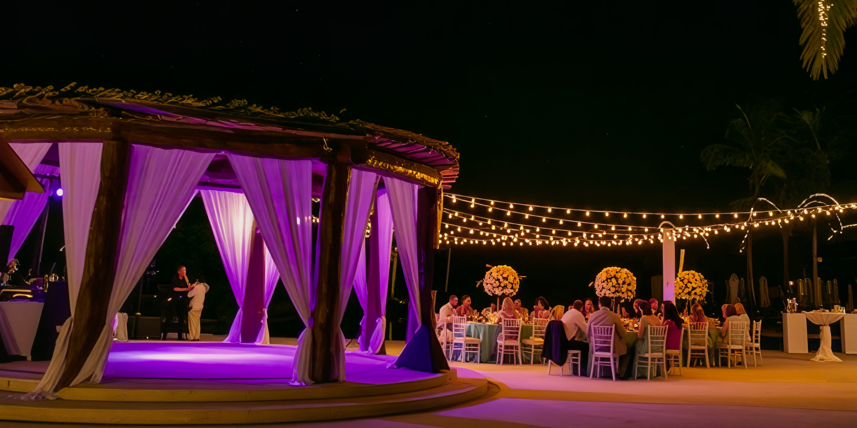 Destination wedding at Secrets Maroma Beach at night with string lights, round tables, and gazebo décor.