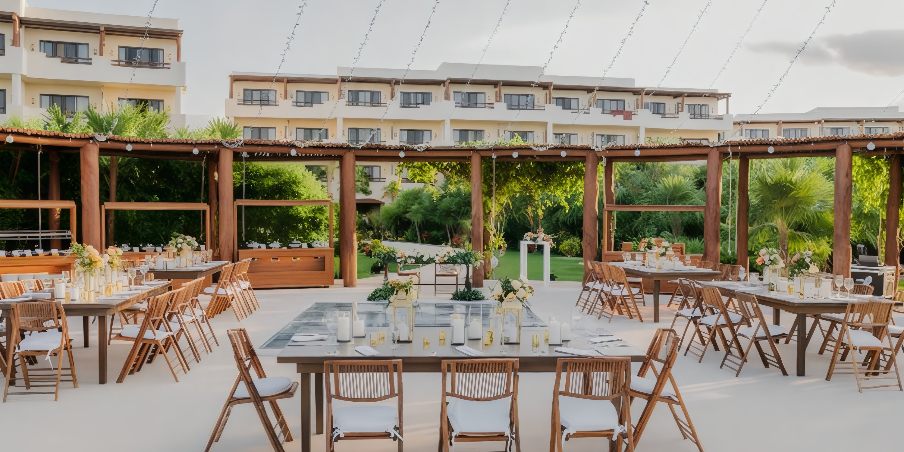 Destination wedding setup at Secrets Maroma Beach featuring wooden tables, chairs, flowers, and candles.