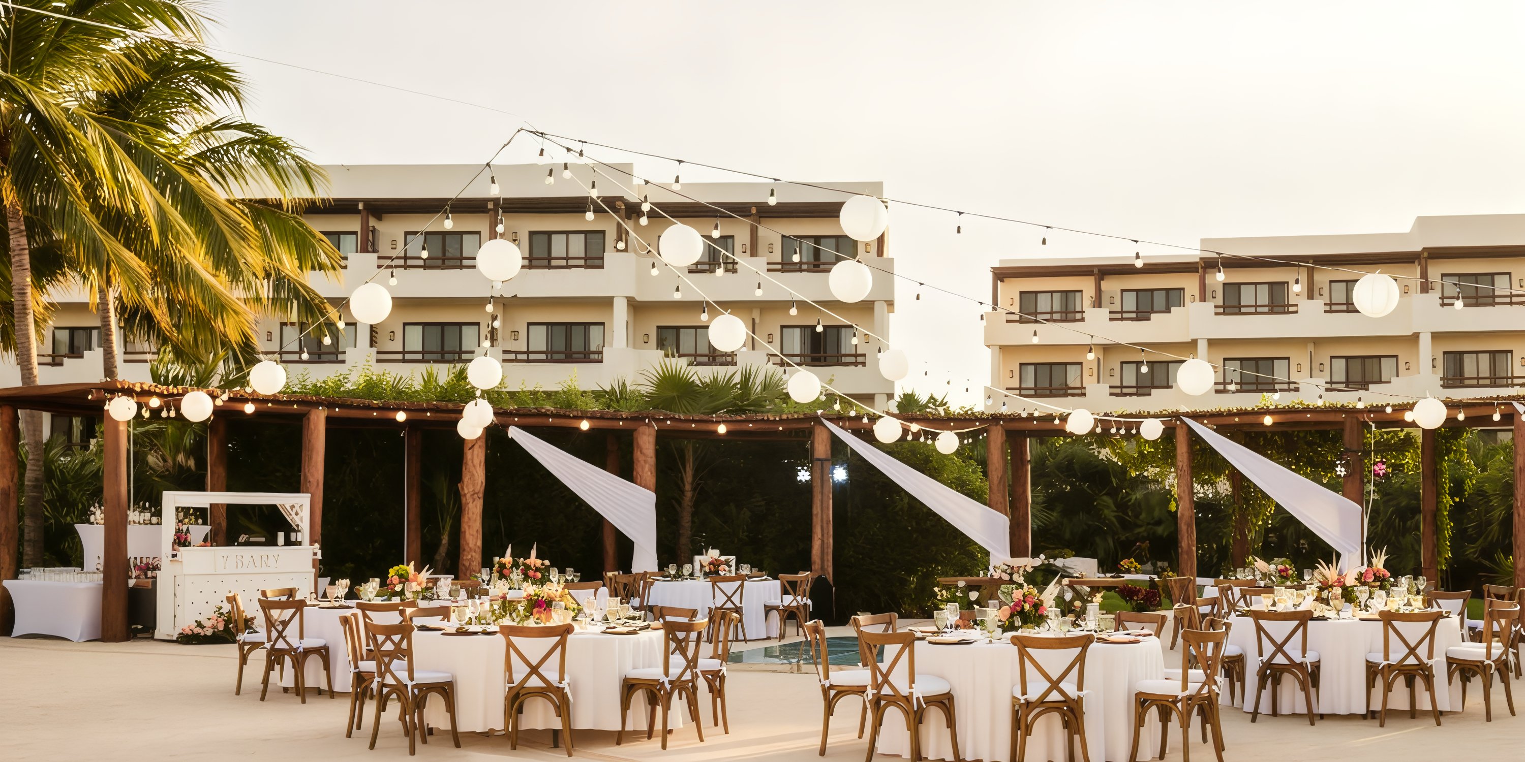Destination wedding at Secrets Maroma Beach with round tables, glowing string lights, and lovely centerpieces.