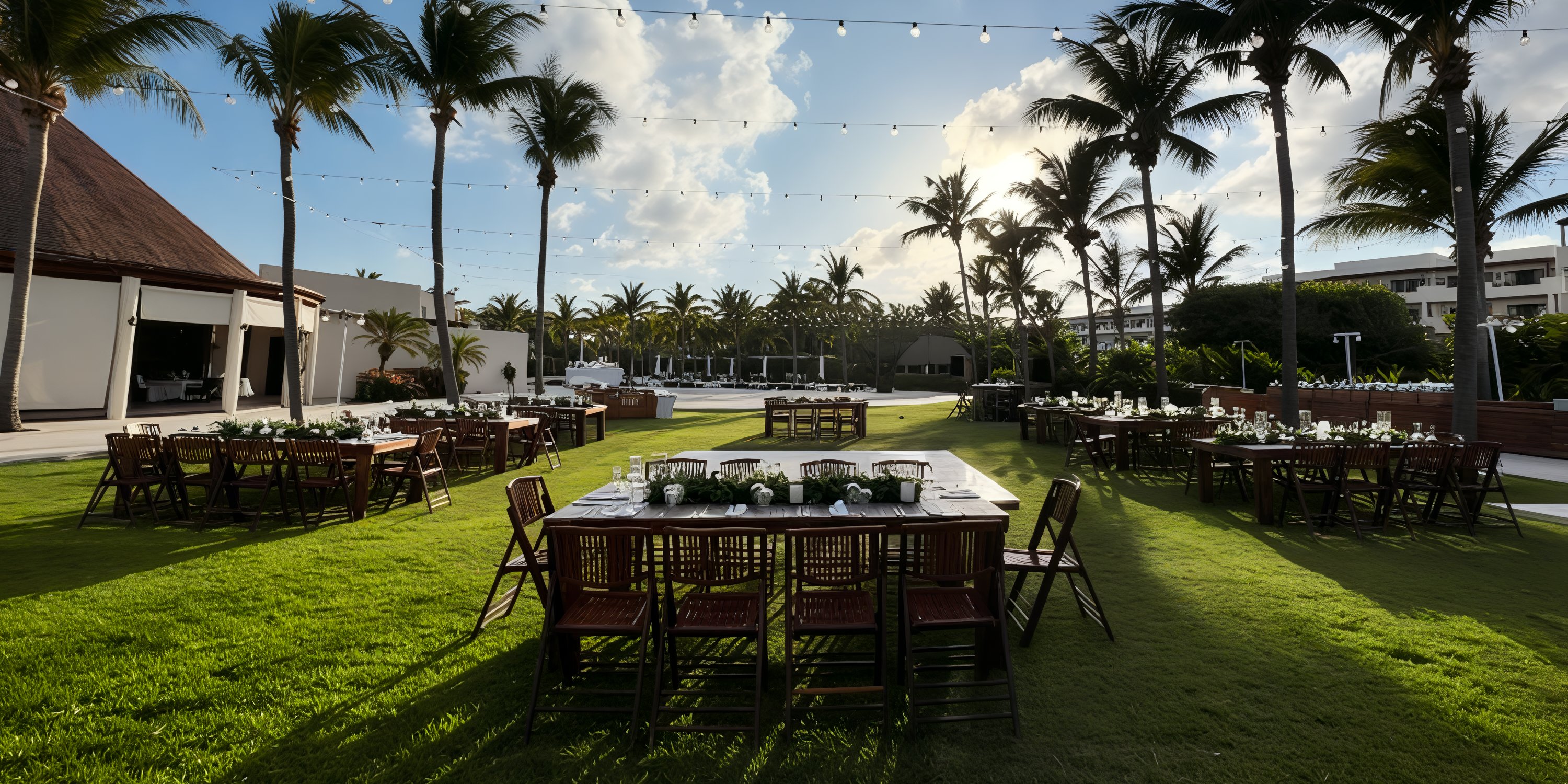 Destination wedding setup at Secrets Maroma Beach featuring wooden tables, chairs, and palm trees.