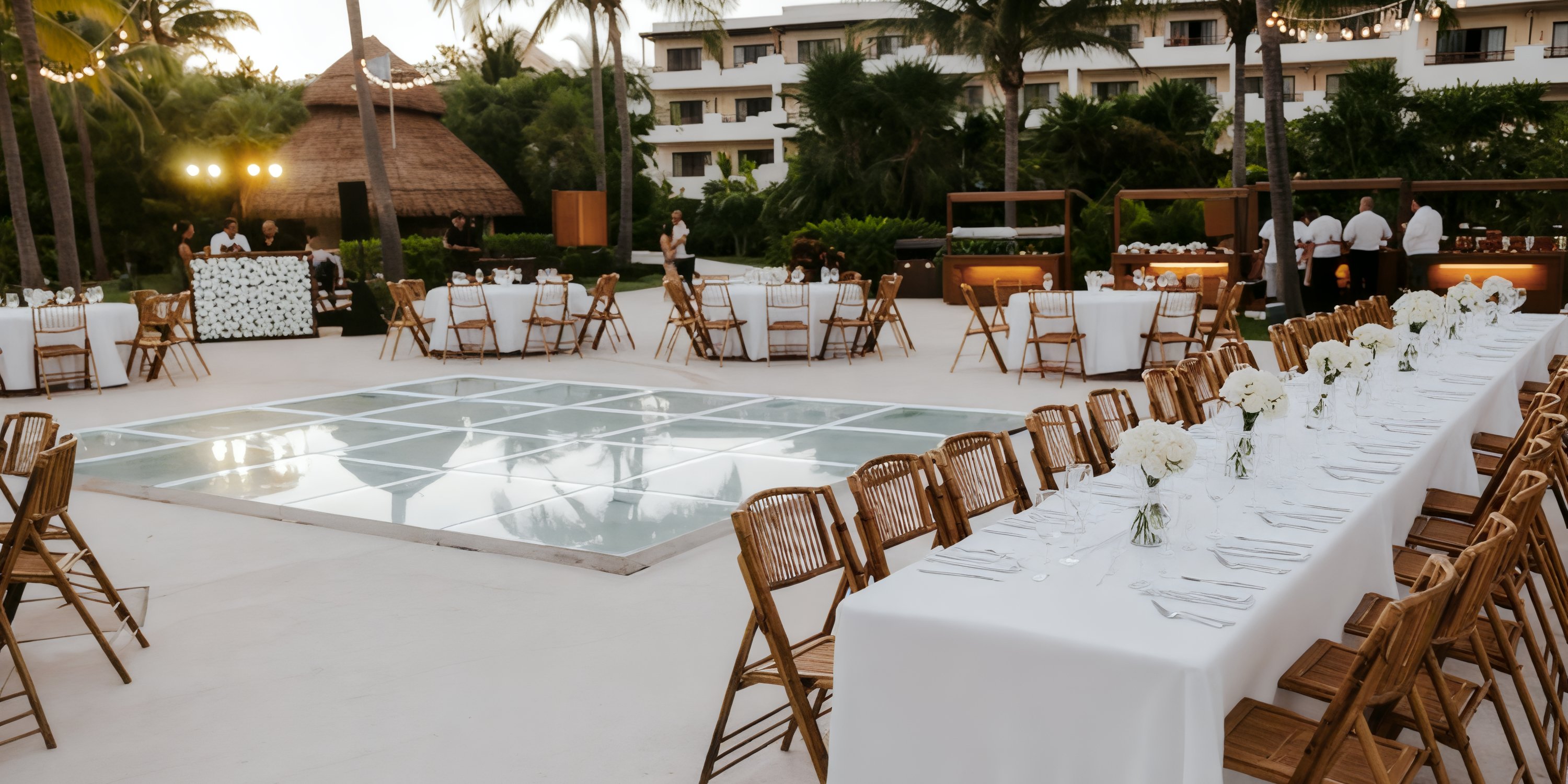Destination wedding setup at Secrets Maroma Beach featuring tables, chairs, and a glass dance floor.