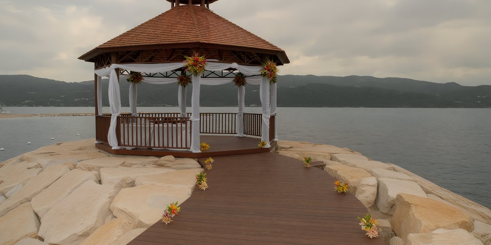 Secrets St. James Montego Bay offers a picturesque setting for a destination wedding, featuring a charming gazebo adorned with flowers on a rocky pier, with breathtaking water views and distant hills serving as the perfect backdrop.