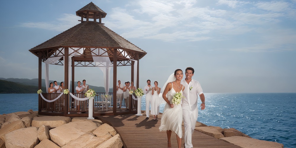 A couple departs from a seaside gazebo at Secrets St. James Montego Bay, with their wedding party, elegantly dressed in white, following closely behind.