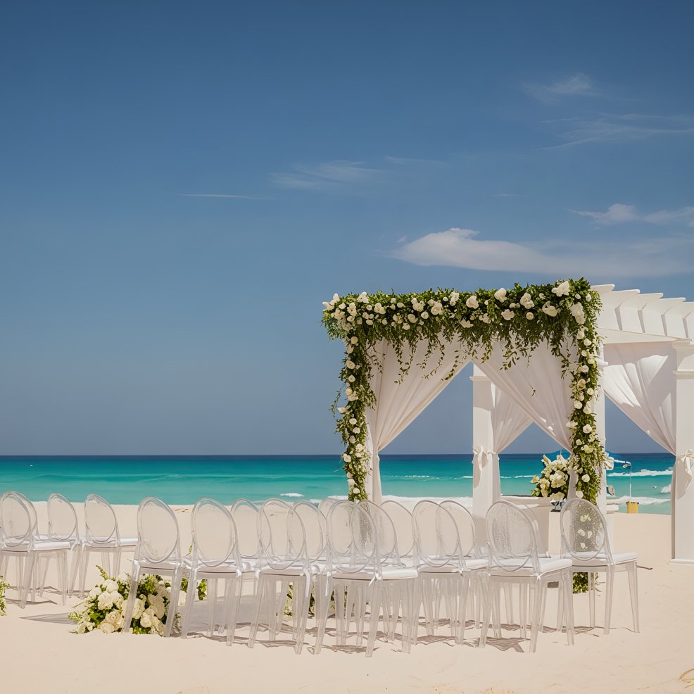 Destination wedding setup featuring a white floral arch and clear chairs on a sandy beach by the ocean.