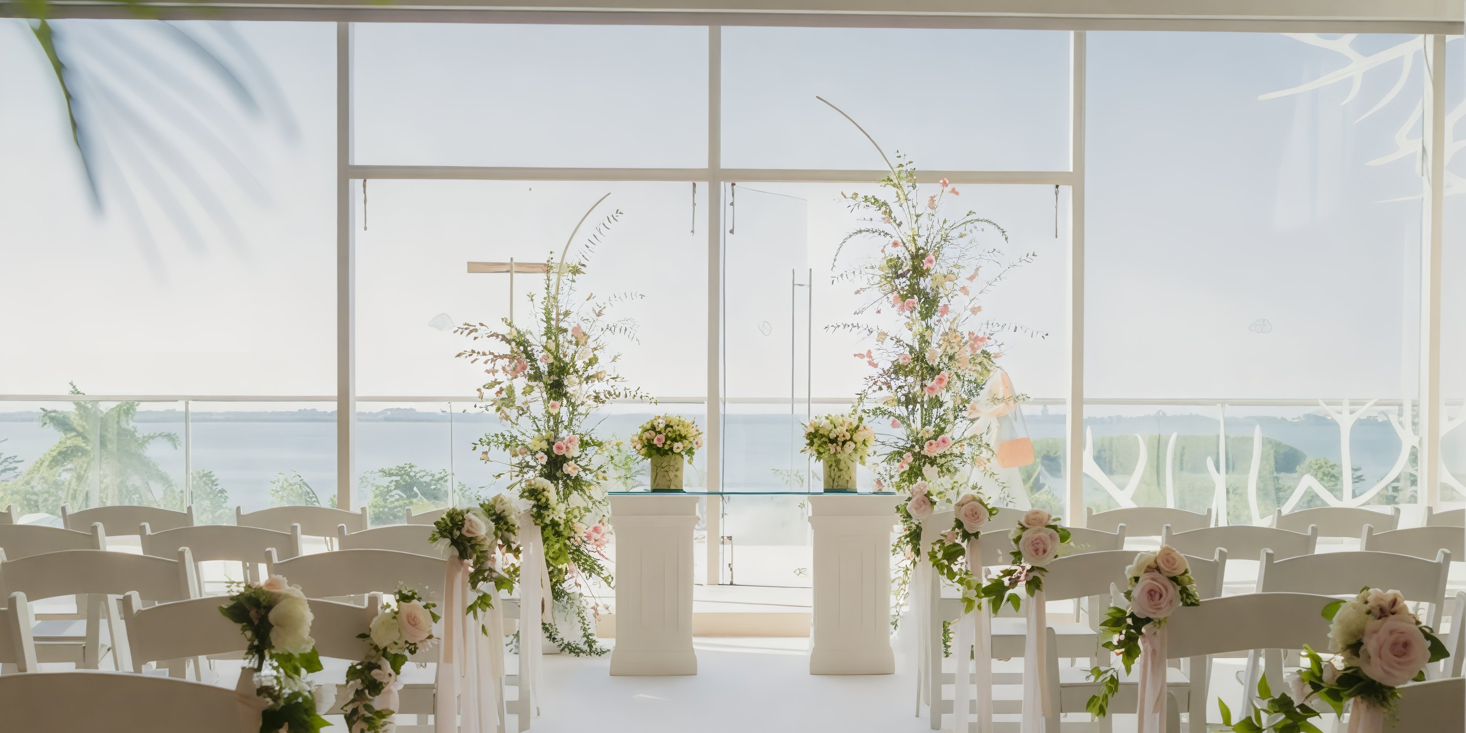 Elegant destination wedding setup at Secrets the Vine Cancun with white chairs and floral accents by windows.