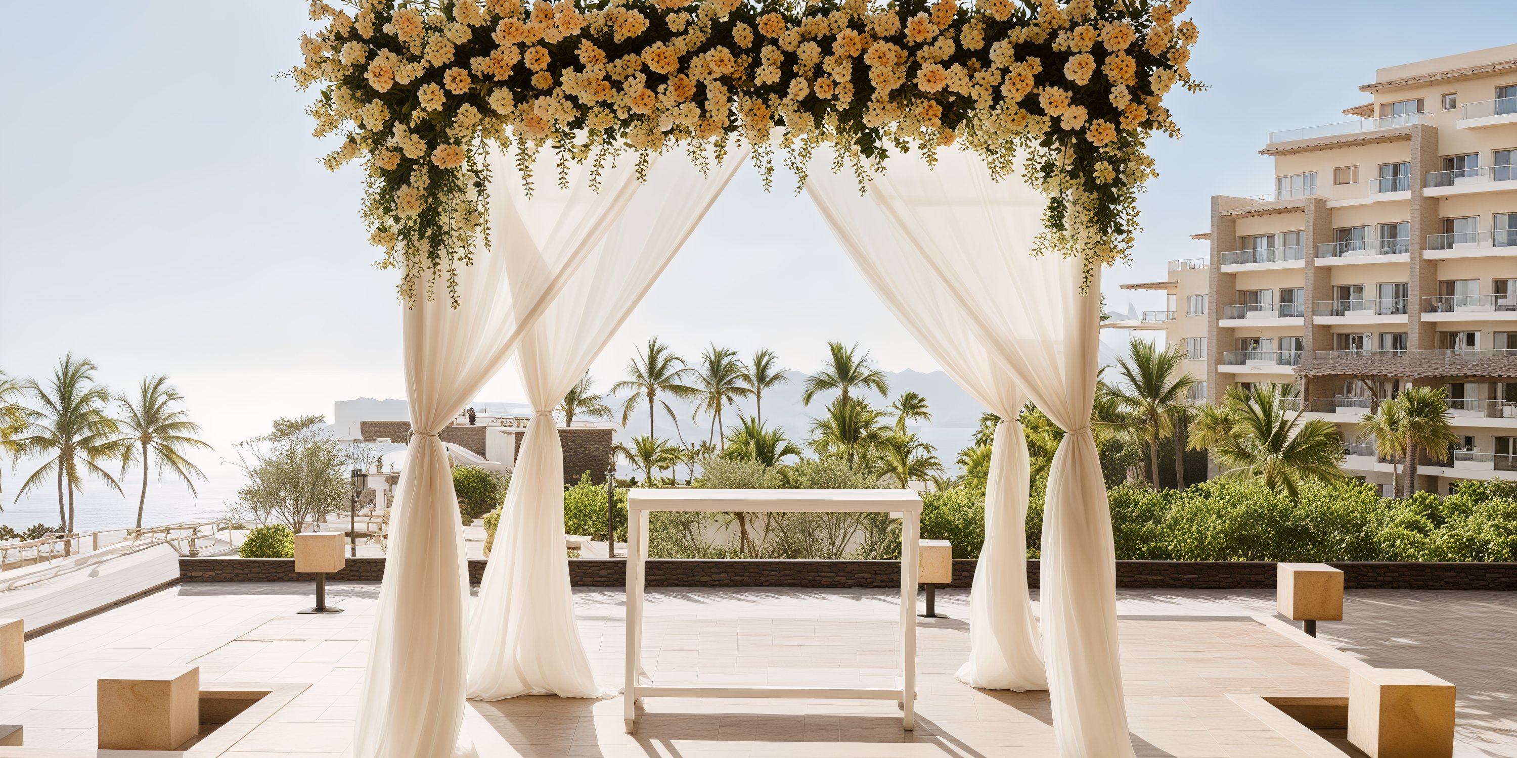 An outdoor wedding altar at Secrets Vallarta Bay features elegant white curtains and vibrant yellow flowers, set against the backdrop of palm trees and surrounding buildings—a perfect setting for a destination wedding.