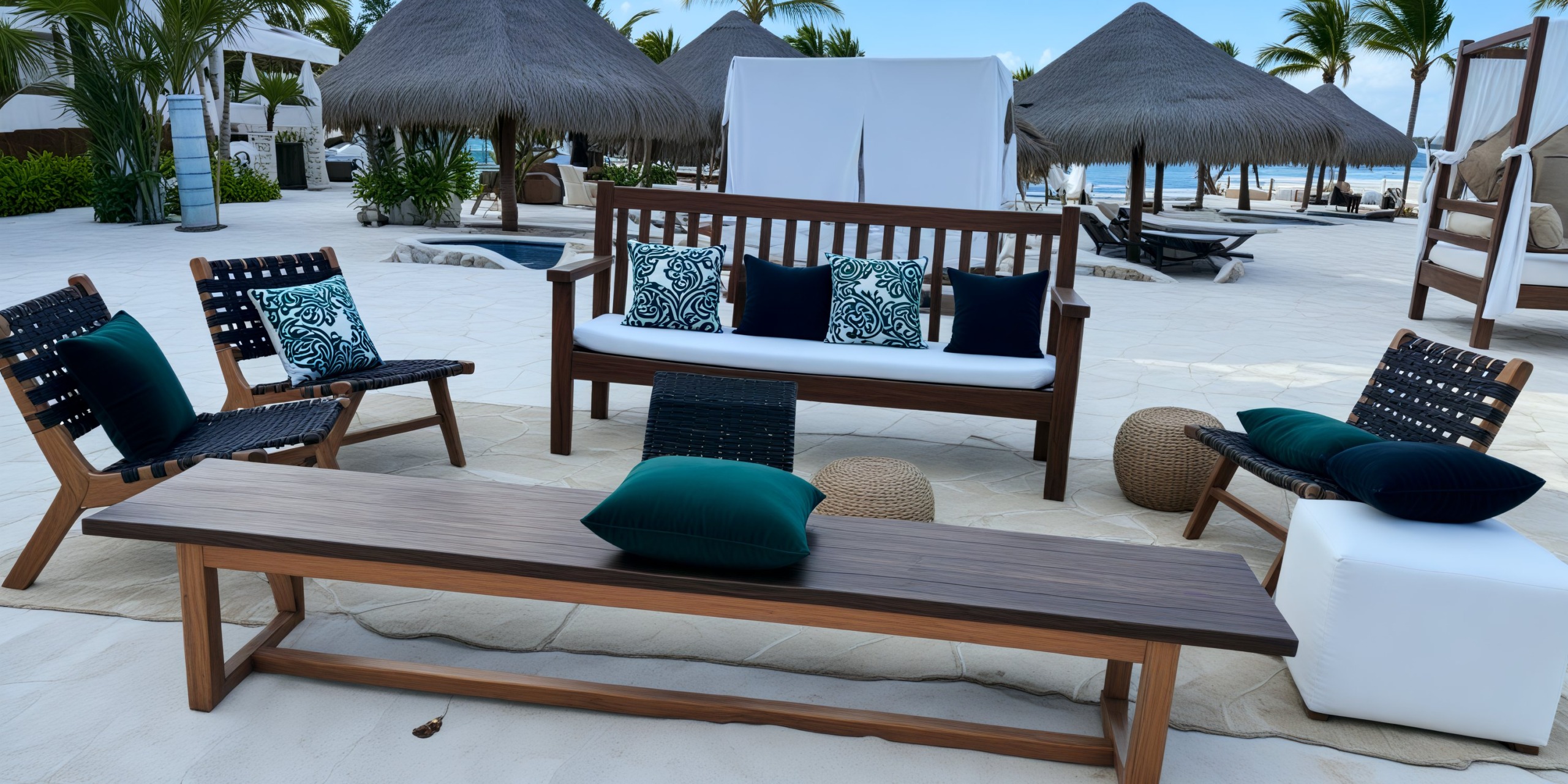 Secrets Maroma Beach offers a picturesque setting perfect for a destination wedding, featuring charming outdoor seating with wooden furniture, plush cushions, and quaint thatched umbrellas.
