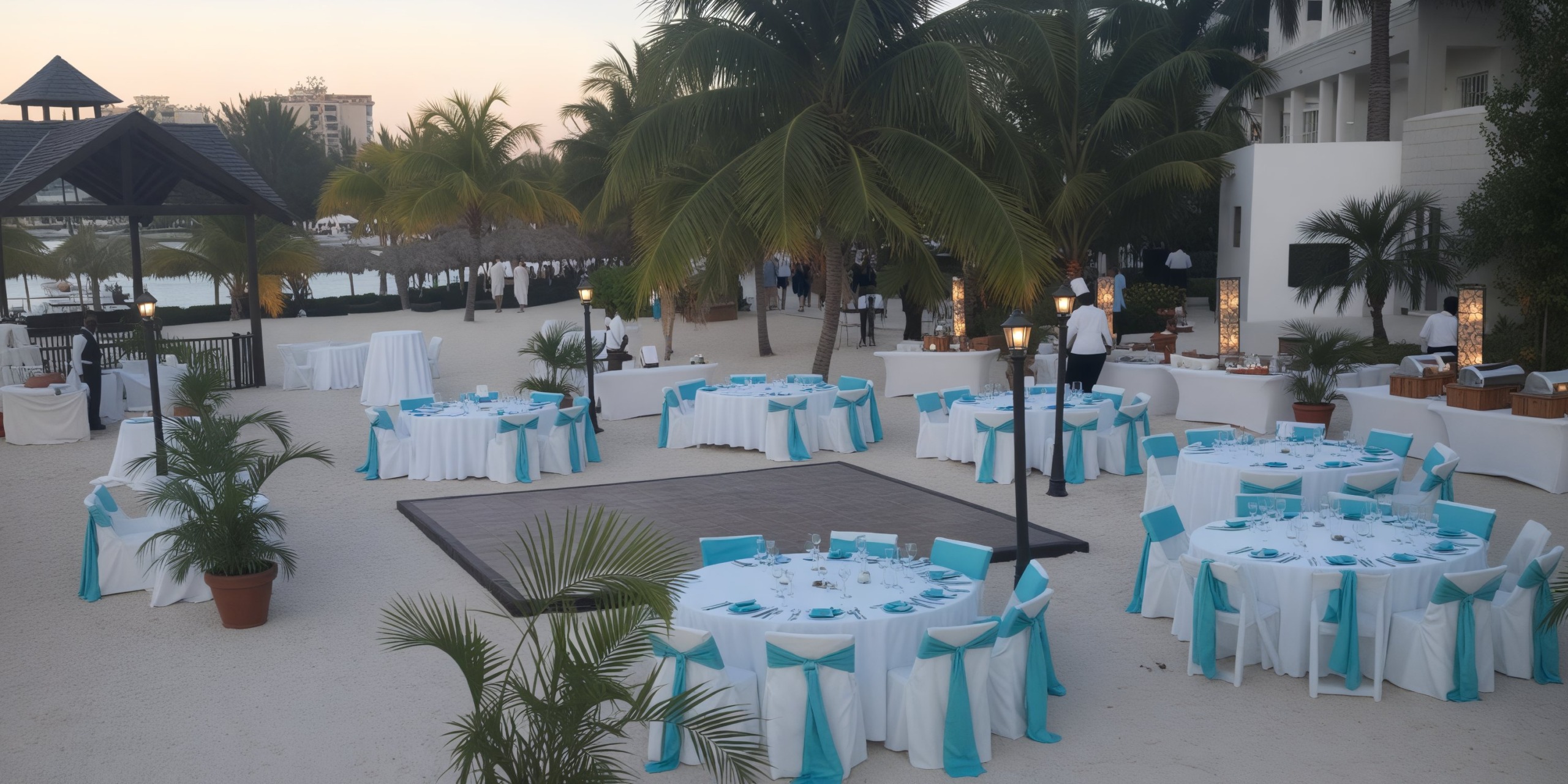 Secrets Wild Orchid offers a stunning destination wedding setup featuring round tables adorned with blue accents, surrounded by palm trees by the beach.