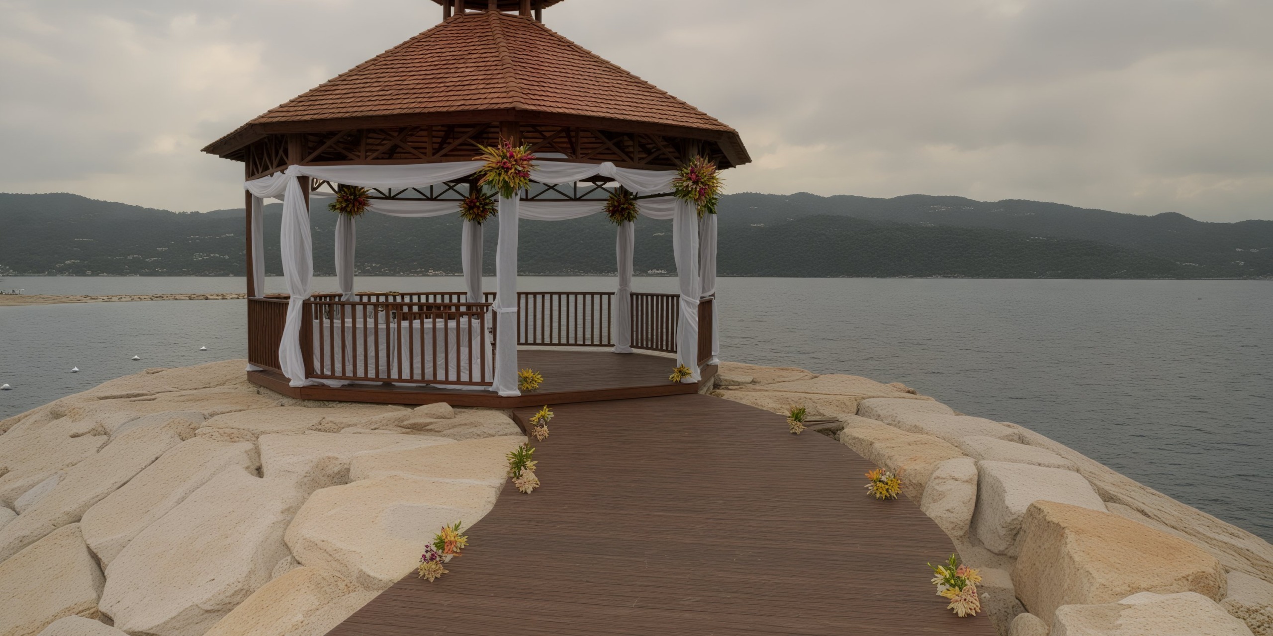 Secrets Wild Orchid is an idyllic destination wedding venue located on a rocky pier adorned with vibrant flowers. It overlooks the serene waters and distant hills, providing a picturesque backdrop for your special day.