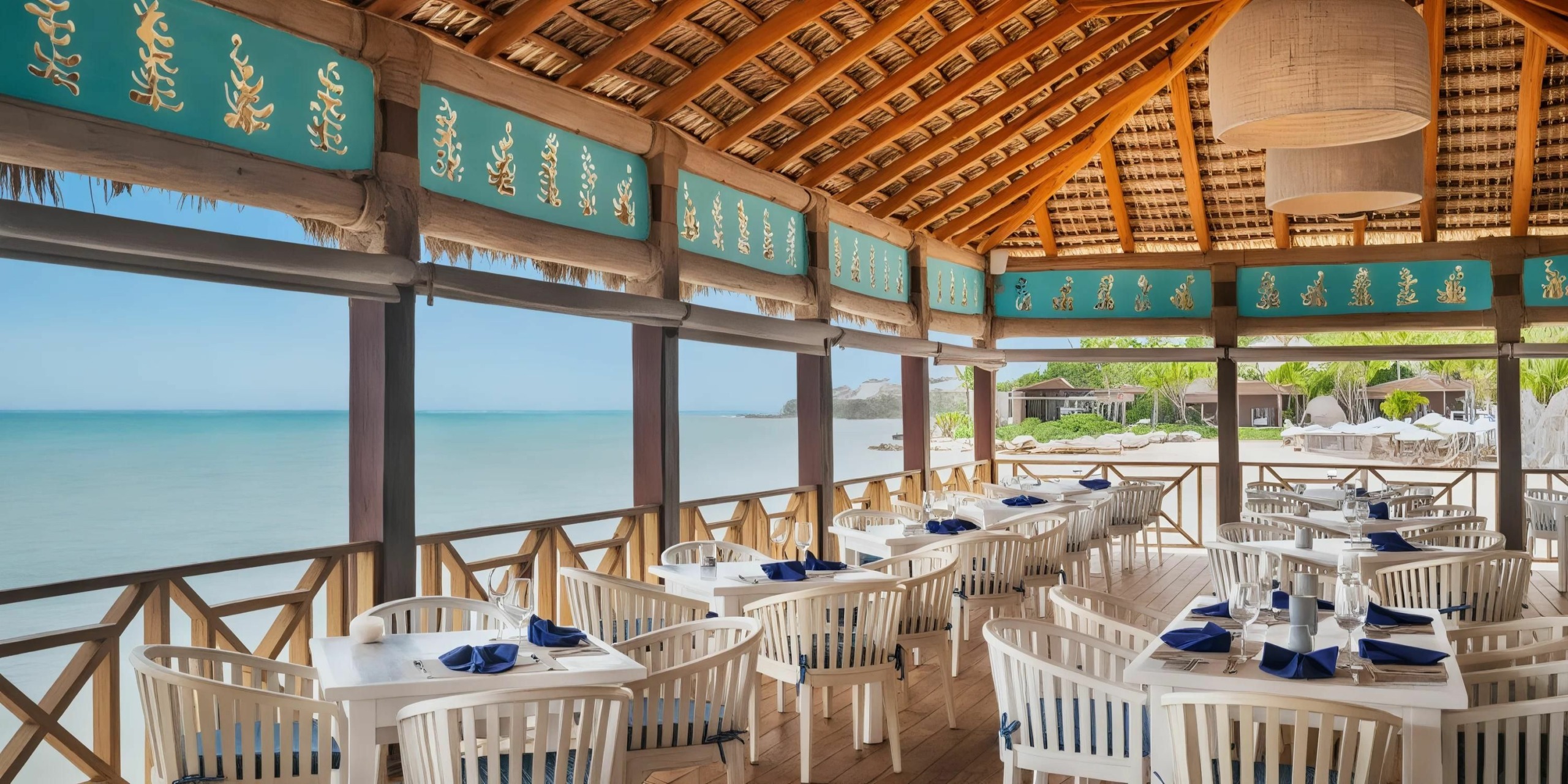 A beachside restaurant with wooden tables and white chairs, set under a thatched roof, overlooks a calm ocean view through open-air windows with turquoise accents.
