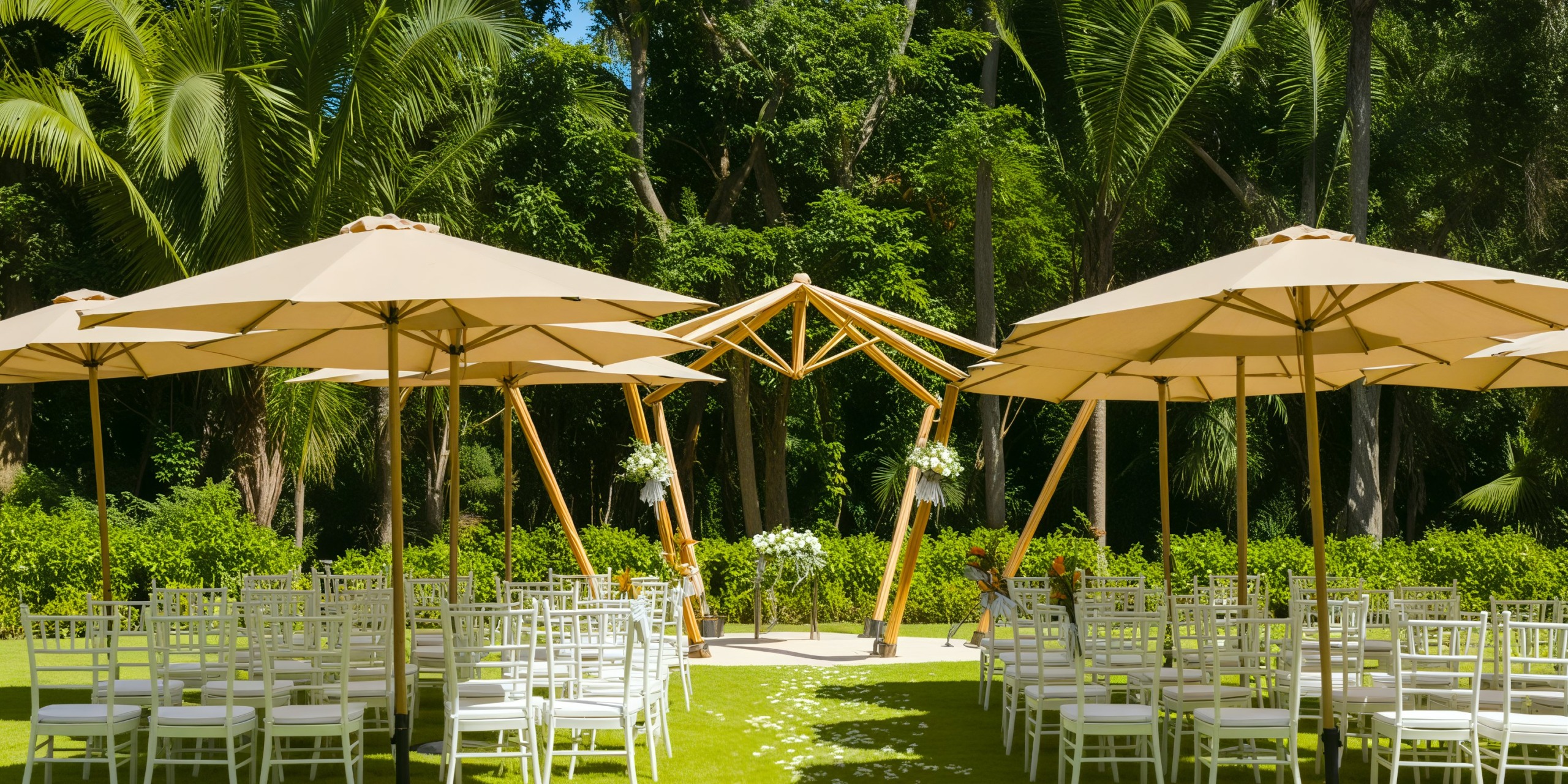 A picturesque outdoor destination wedding arrangement featuring chairs, umbrellas, and a charming bamboo arch set elegantly on a lush grassy area.