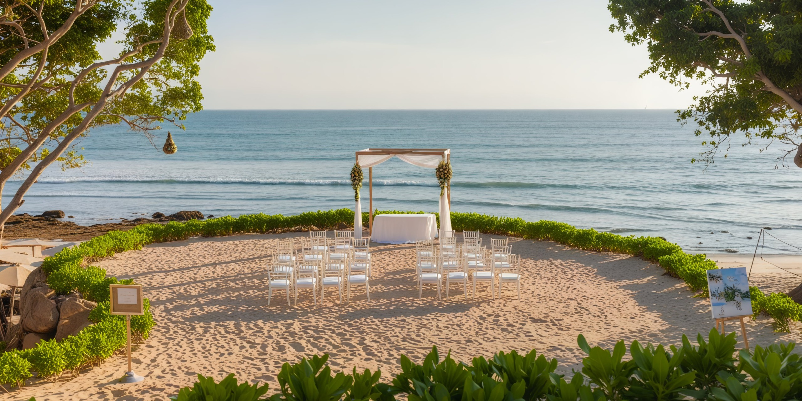 The Secrets Bahia Mita offers a stunning destination wedding setup, featuring chairs and an altar with a breathtaking view of the sea.