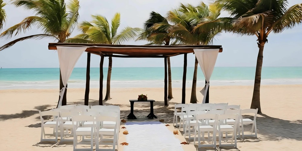 A beach wedding setup with a wooden canopy, white drapes, white chairs, and a white aisle runner. The ocean and palm trees are in the background.