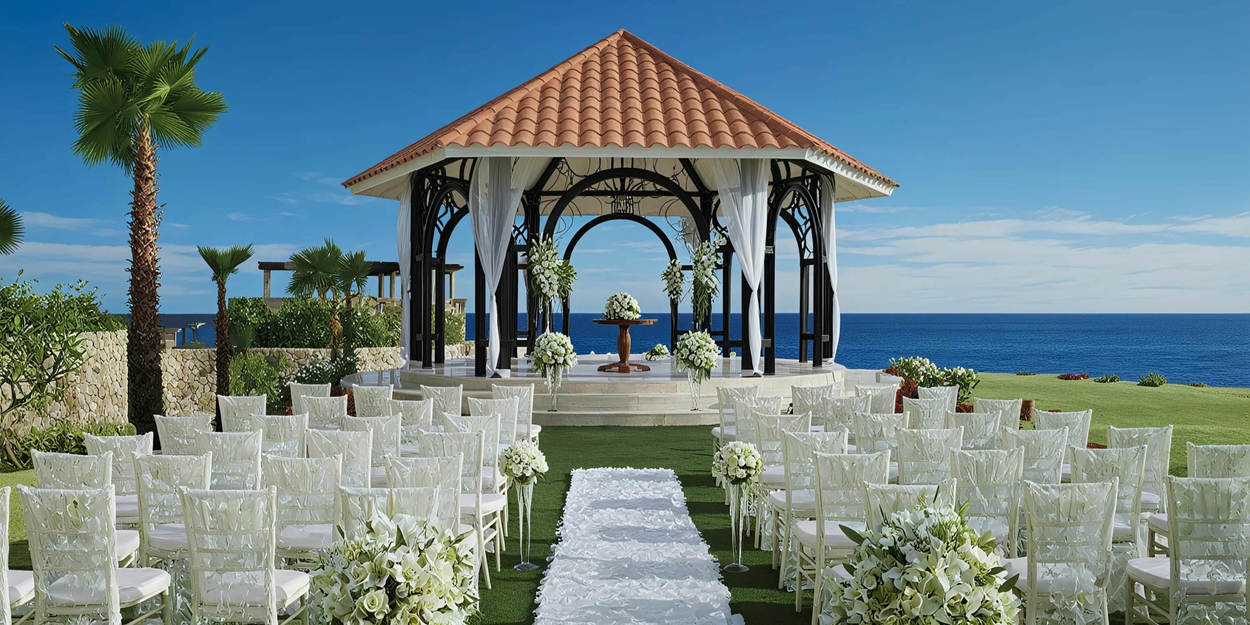 An outdoor wedding setup at Secrets Puerto Los Cabos features white chairs, flower arrangements, and a decorated aisle leading to a gazebo with an ocean view in the background.