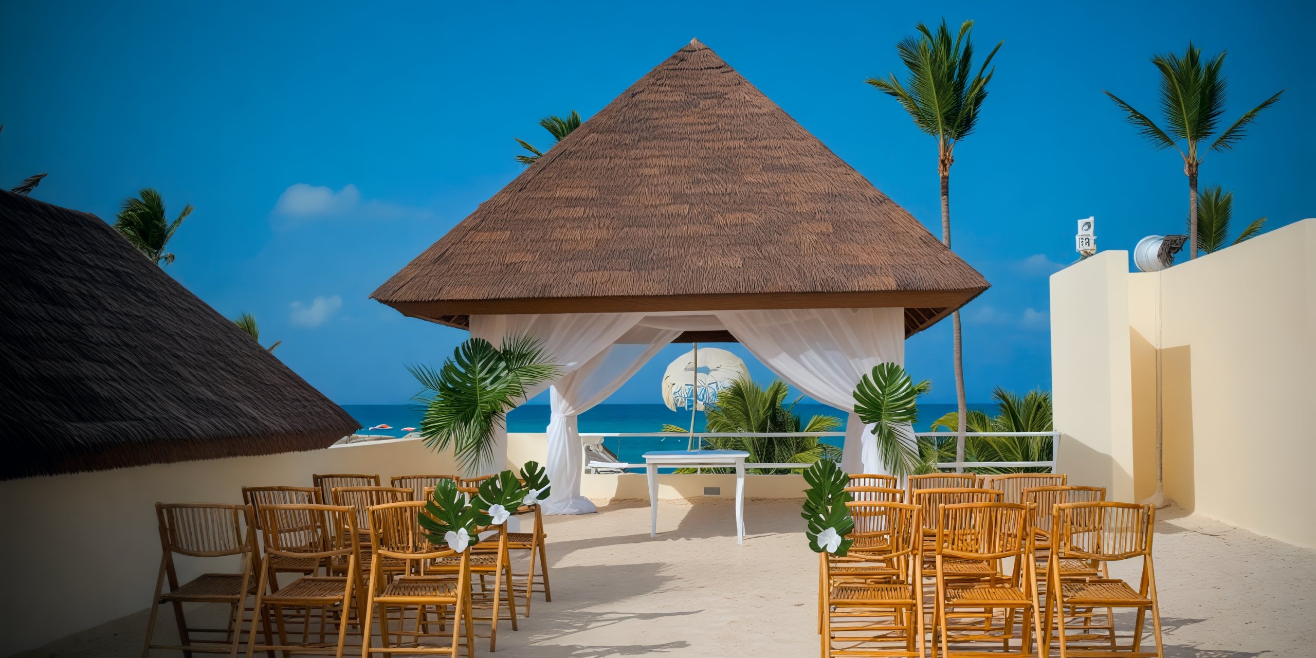 A picturesque destination wedding setup features bamboo chairs arranged to face a charming gazebo, all set against the backdrop of the serene ocean.