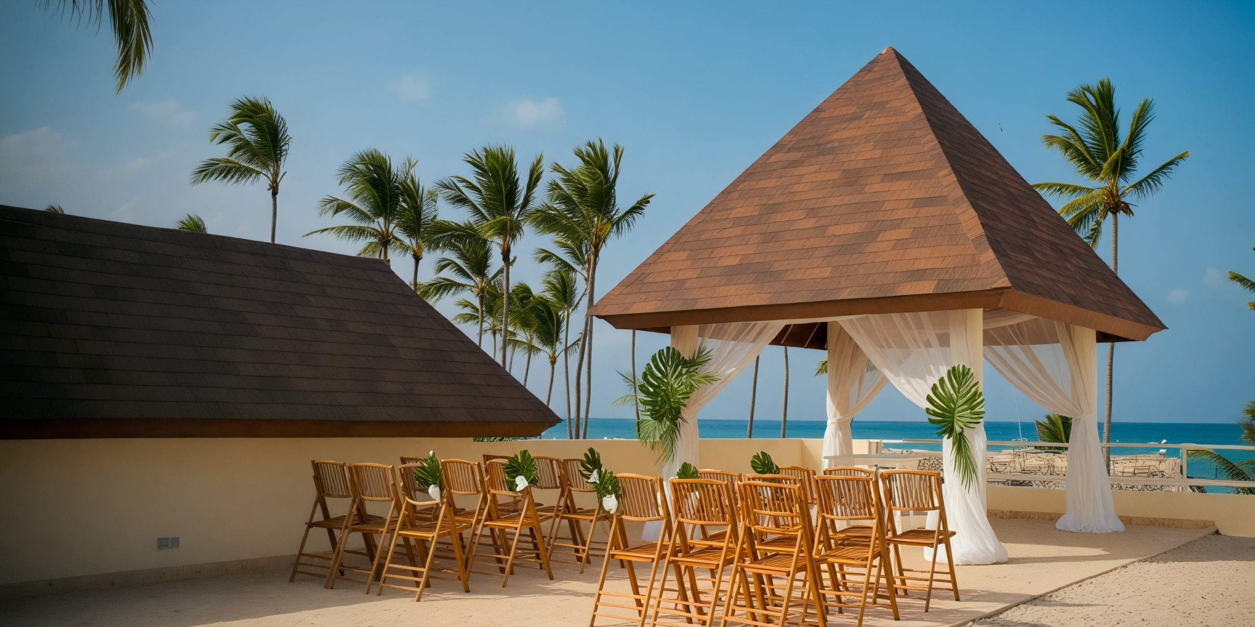 A destination wedding setup featuring wooden chairs and a charming gazebo by the ocean.