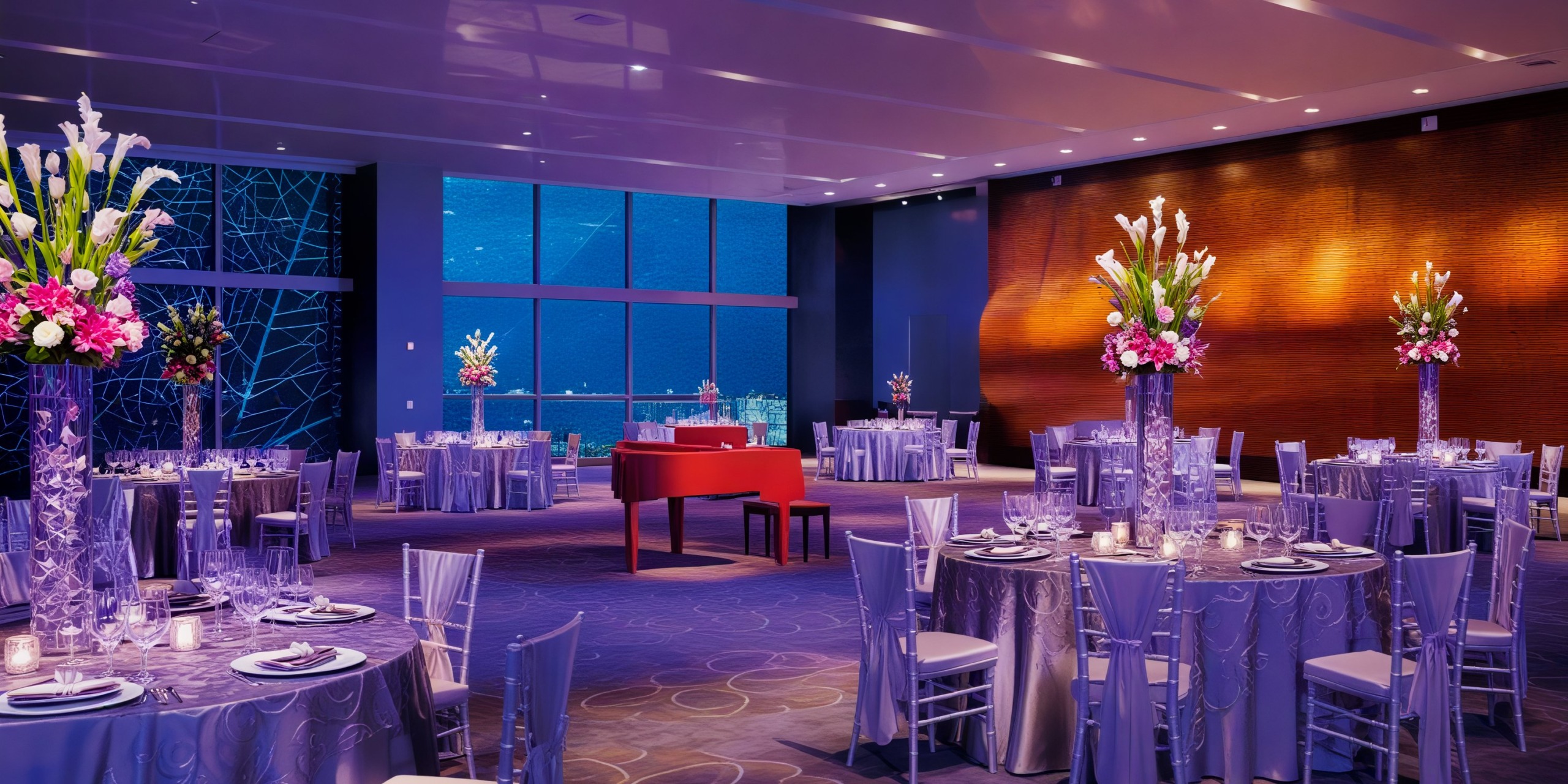 Secrets the Vine Cancun provides an enchanting setting for a destination wedding, featuring round tables adorned with floral centerpieces and a striking red grand piano.