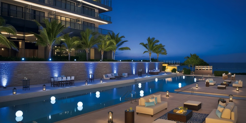 Secrets the Vine Cancun presents an exquisite poolside experience, featuring modern seating and soft blue lighting that creates the perfect ambiance for a destination wedding.