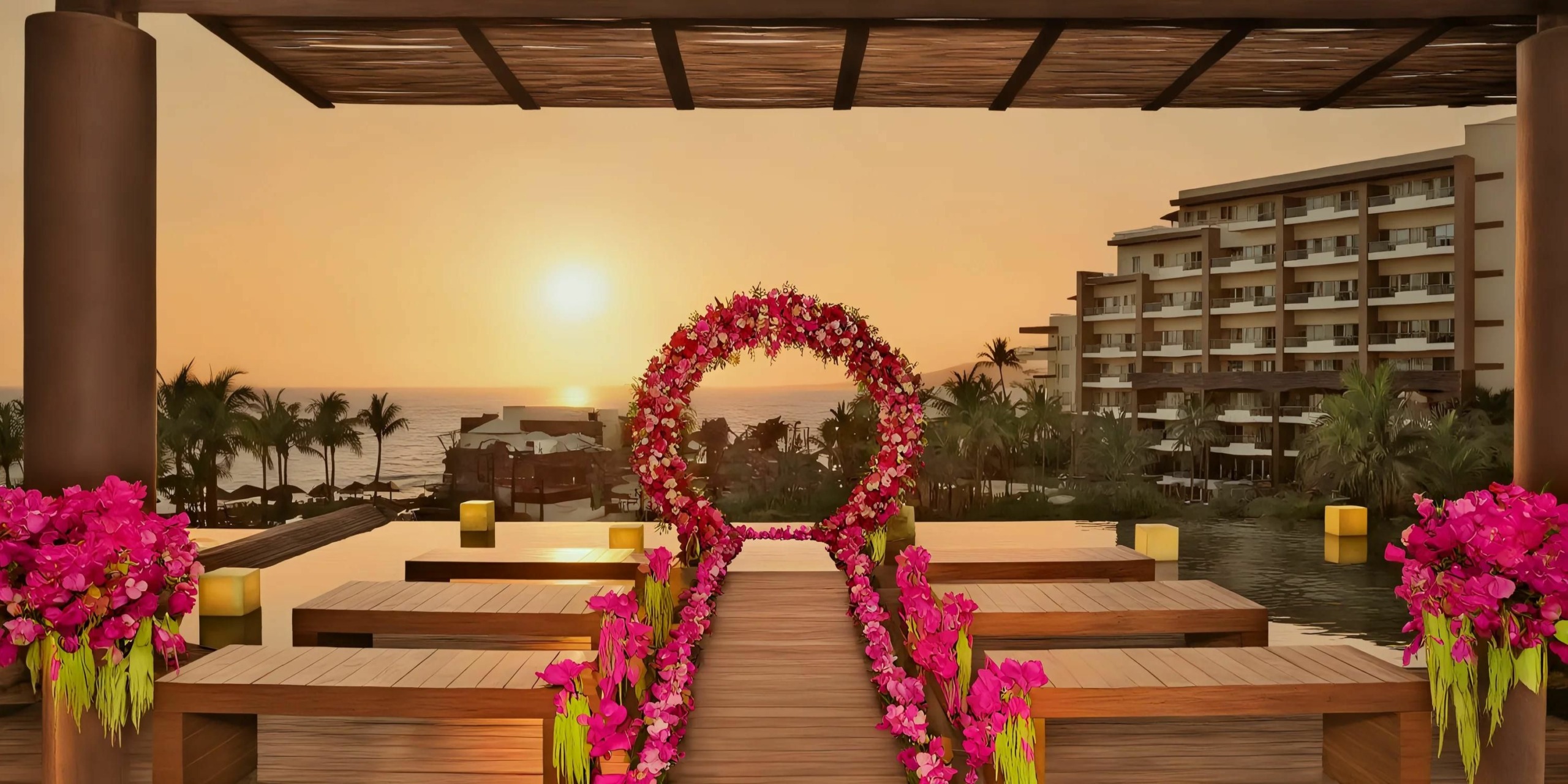 A wedding arch adorned with pink flowers stands on the end of a wooden pathway overlooking a sunset, with a resort building and palm trees in the background.