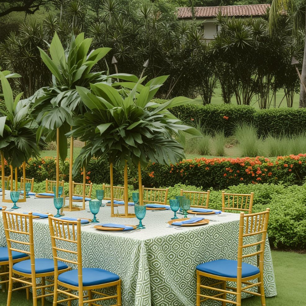 An outdoor dining arrangement for a destination wedding, featuring a green tablecloth complemented by gold chairs and adorned with palm leaf centerpieces.